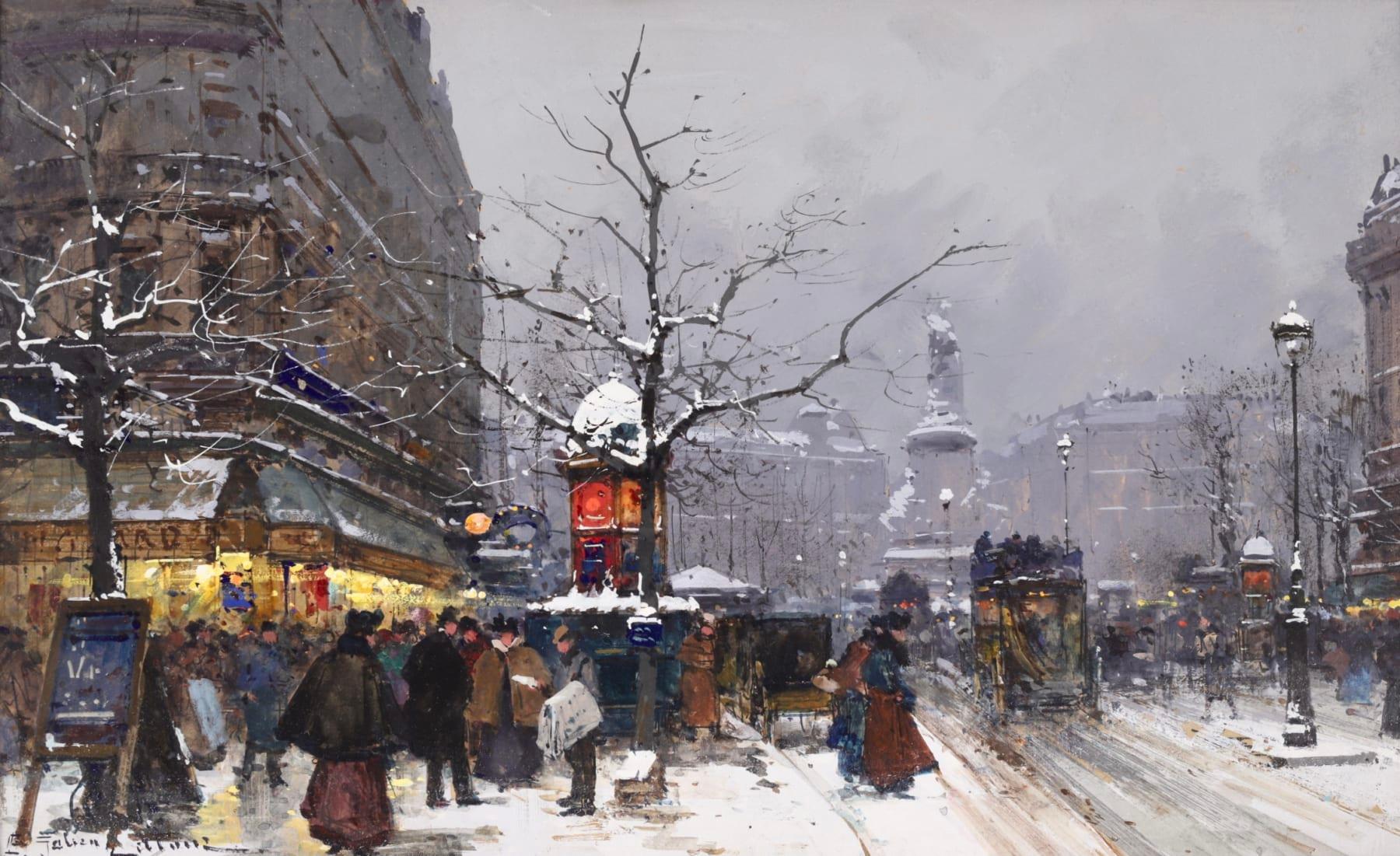 Snow in Paris - Impressionist Oil, Figures in Cityscape by Eugene Galien-Laloue