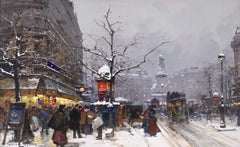 Snow in Paris - Impressionist Oil, Figures in Cityscape by Eugene Galien-Laloue