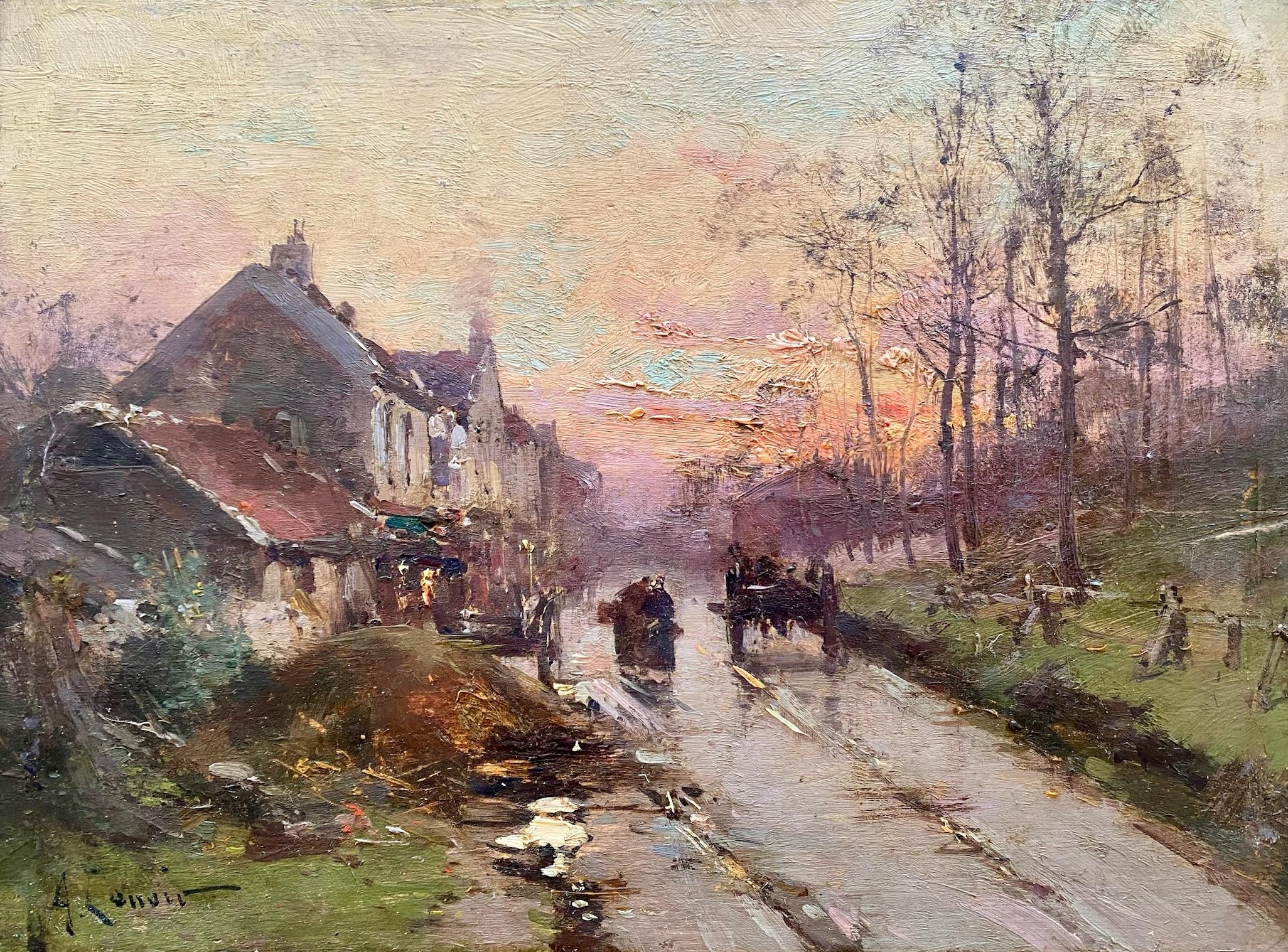 Sunset near Barbizon, animated Village Street Scene, Galien Laloue pseudonym - Painting by Eugene Galien-Laloue