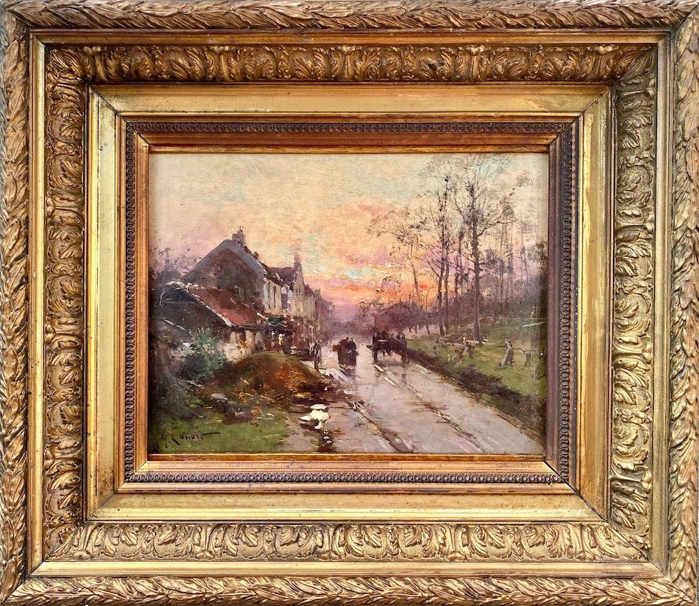 An atmospheric sunset after the rain. The light reflected on the still-wet street is creating the most beautifully shimmering light. Two village women carrying baskets are chatting, and a carriage is passing by. If you know and love the work of