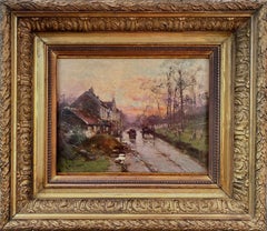 Sunset near Barbizon, animated Village Street Scene, Galien Laloue pseudonym