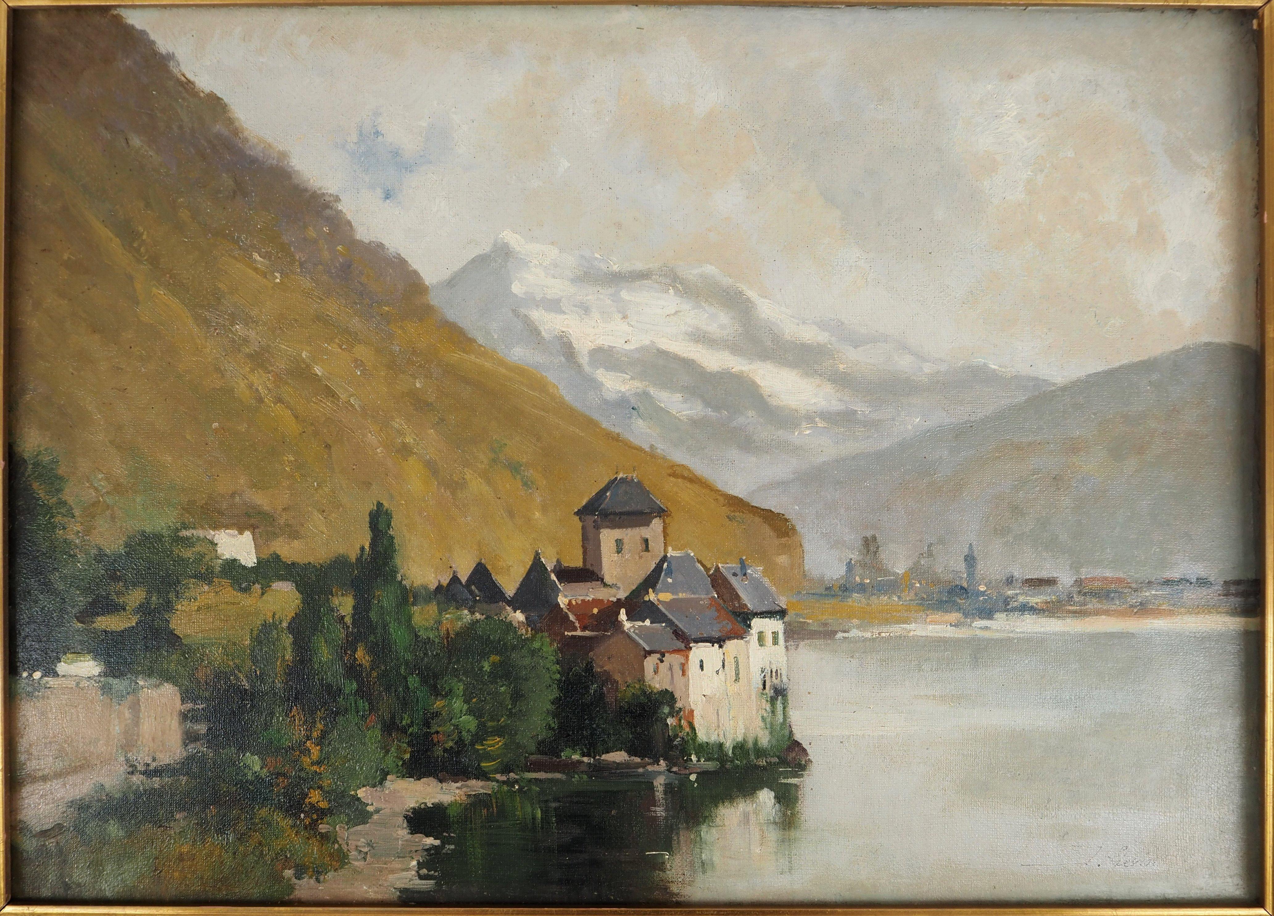 Svizzera, Castello di Chillon sul Lago di Ginevra - Dipinto originale su tela, firmato - Painting Postimpressionismo di Eugene Galien-Laloue