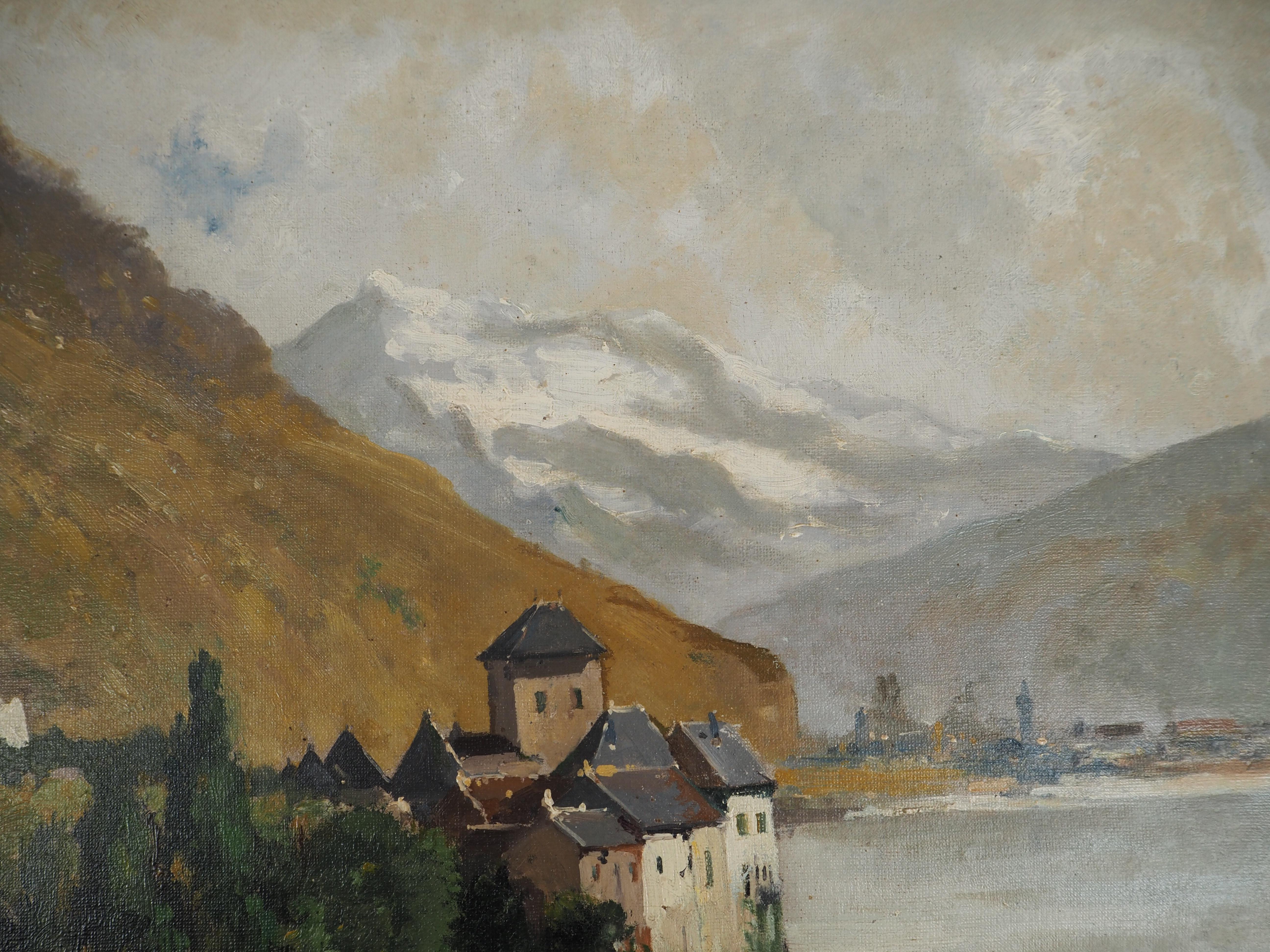 Svizzera, Castello di Chillon sul Lago di Ginevra - Dipinto originale su tela, firmato in vendita 2