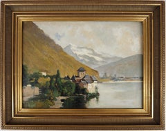 Antique Switzerland, Chillon Castle on Lake Geneva - Original painting on canvas, Signed