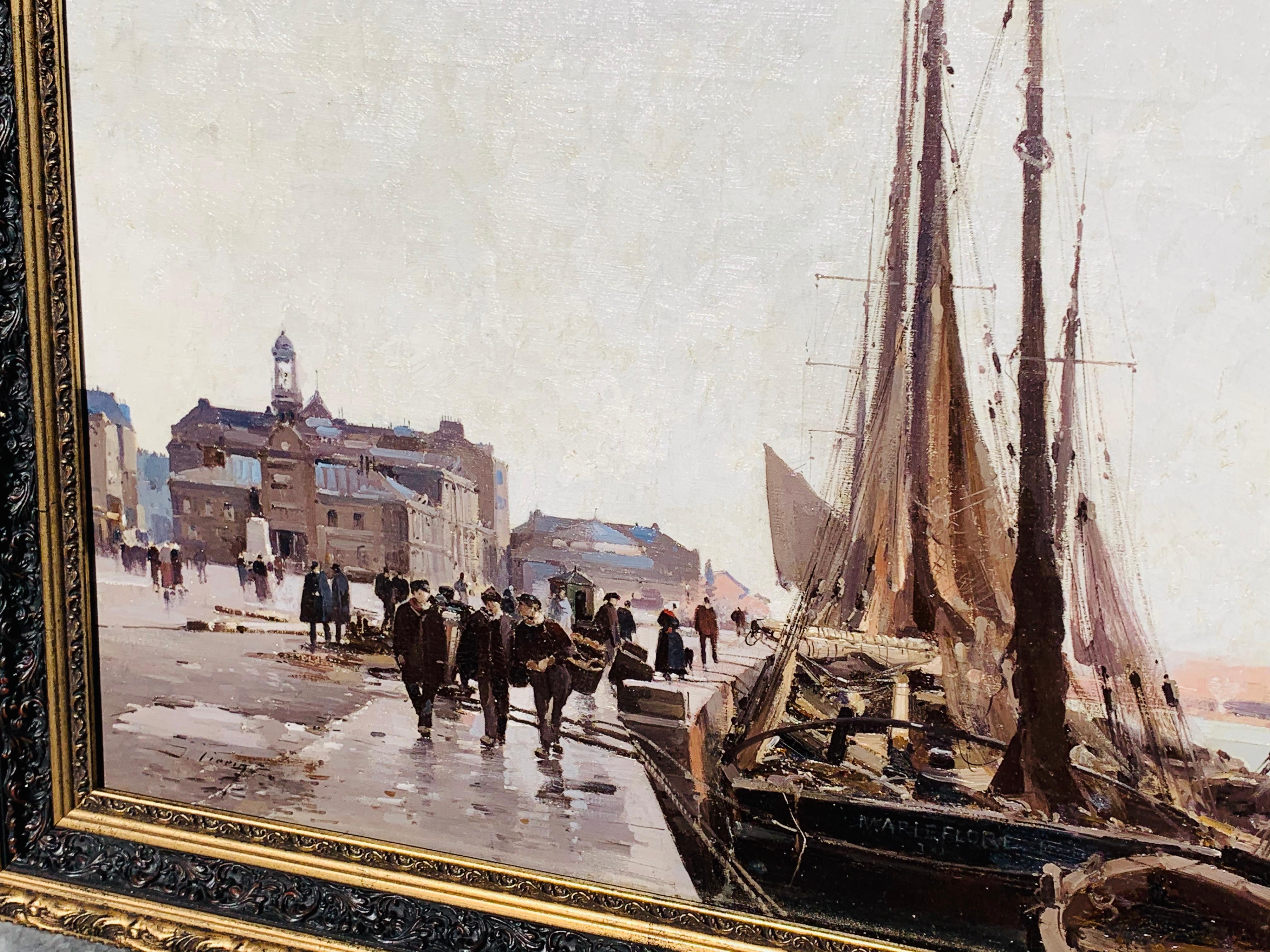 19th century French painting - The docks in Bordeaux - Painting by Eugene Galien-Laloue