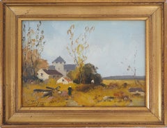 Der Bauernhof und die Felder im Herbst - Originalgemälde auf Karton - Signiert