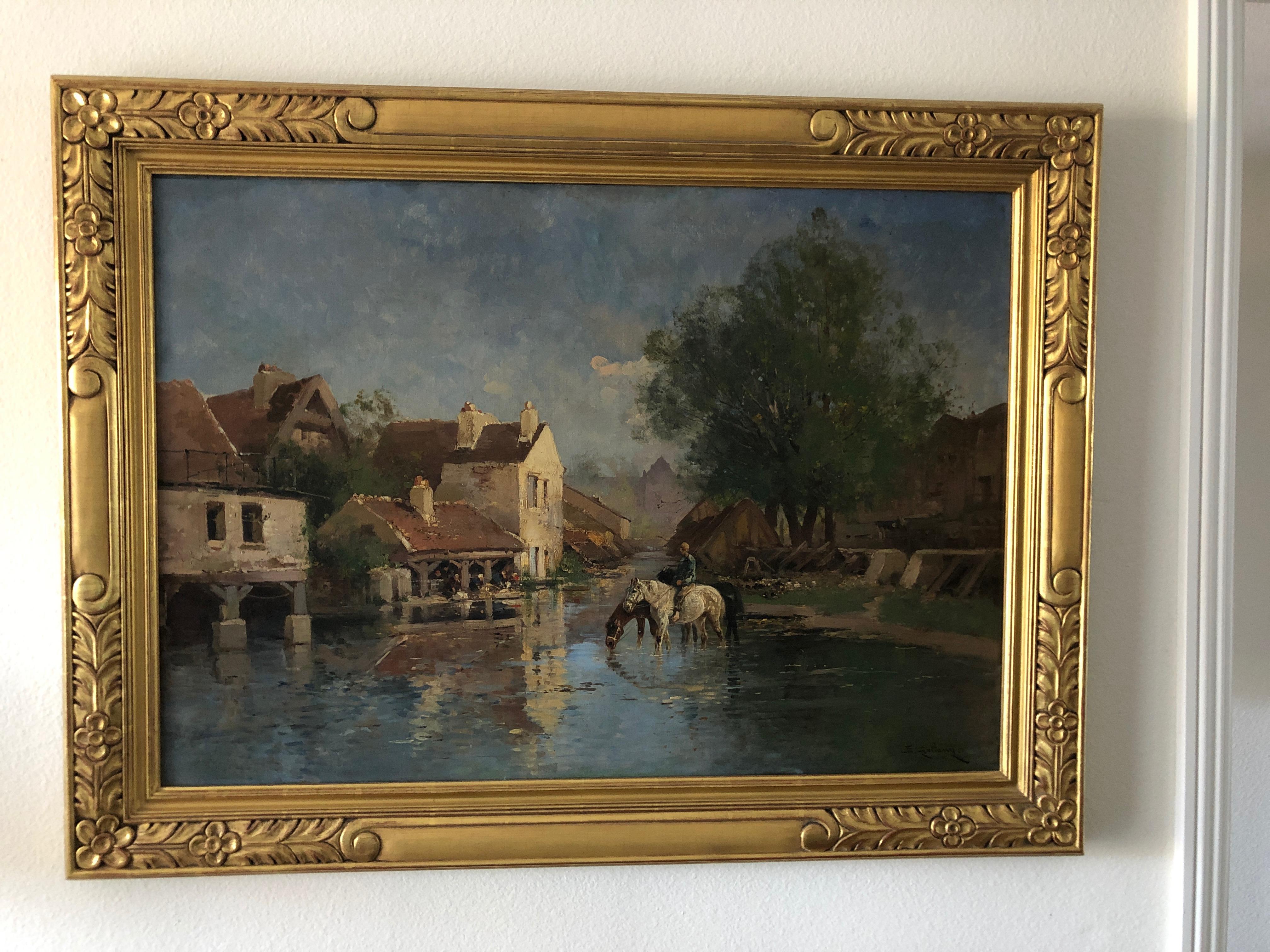 Watering the Horses - Normandie, Frankreich - Dorf - Fluss - Mann zu Pferd – Painting von Eugene Galien-Laloue