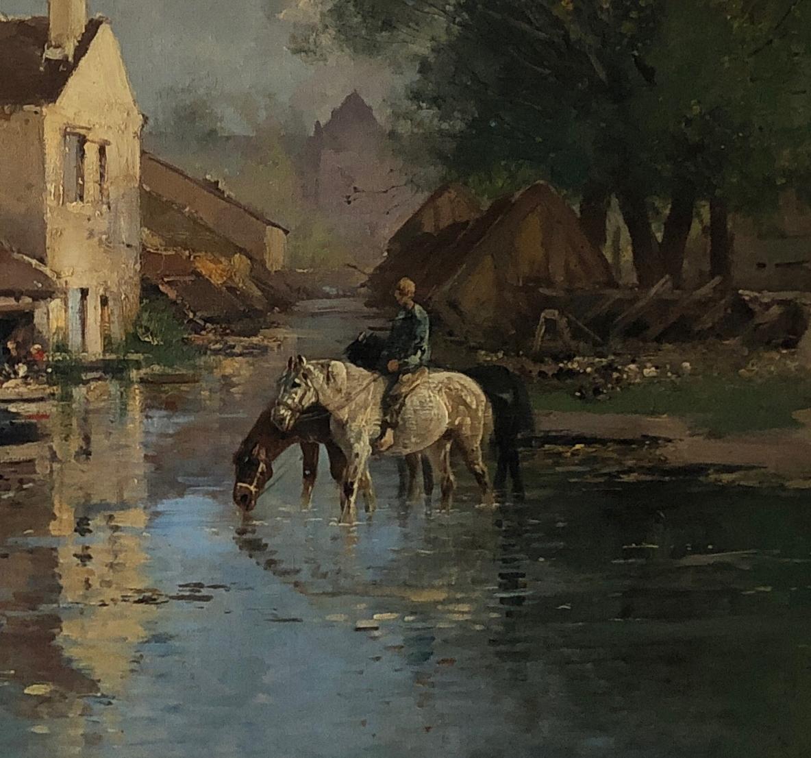 Watering the Horses - Normandie, Frankreich - Dorf - Fluss - Mann zu Pferd (Impressionismus), Painting, von Eugene Galien-Laloue