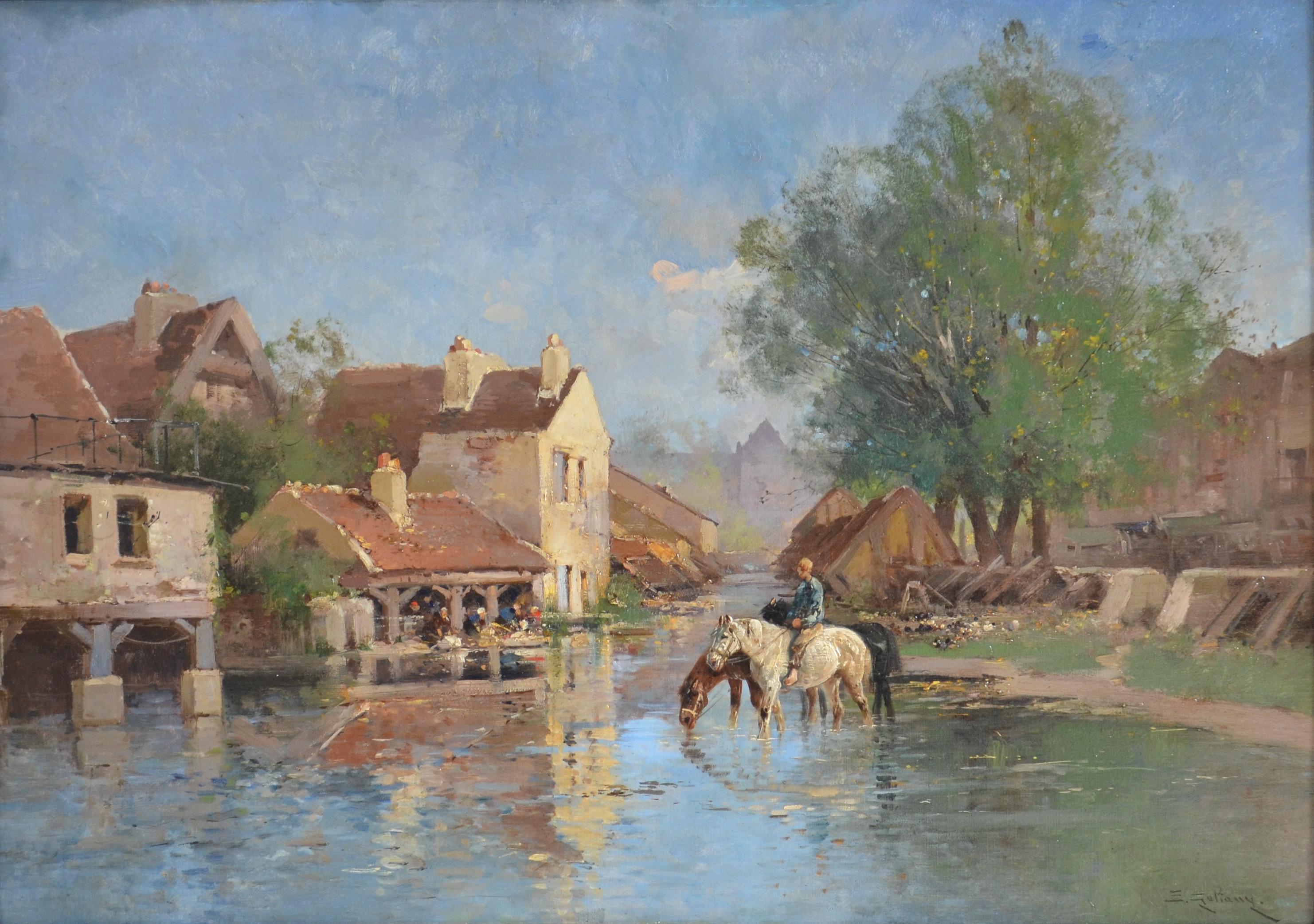 Watering the Horses - Normandie, France - Village - River - Man on Horseback