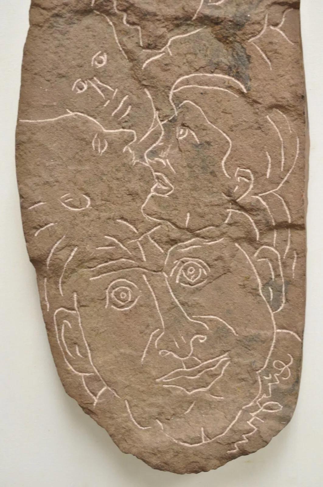 Vintage Eugene Gauss (American, 1905-1988) Mid Century Figural Carved Solid Red Stone Picasso Style Wall Art Sculpture (Approx 20 lbs). Circa Late 20th Century. Measurements: 21.5