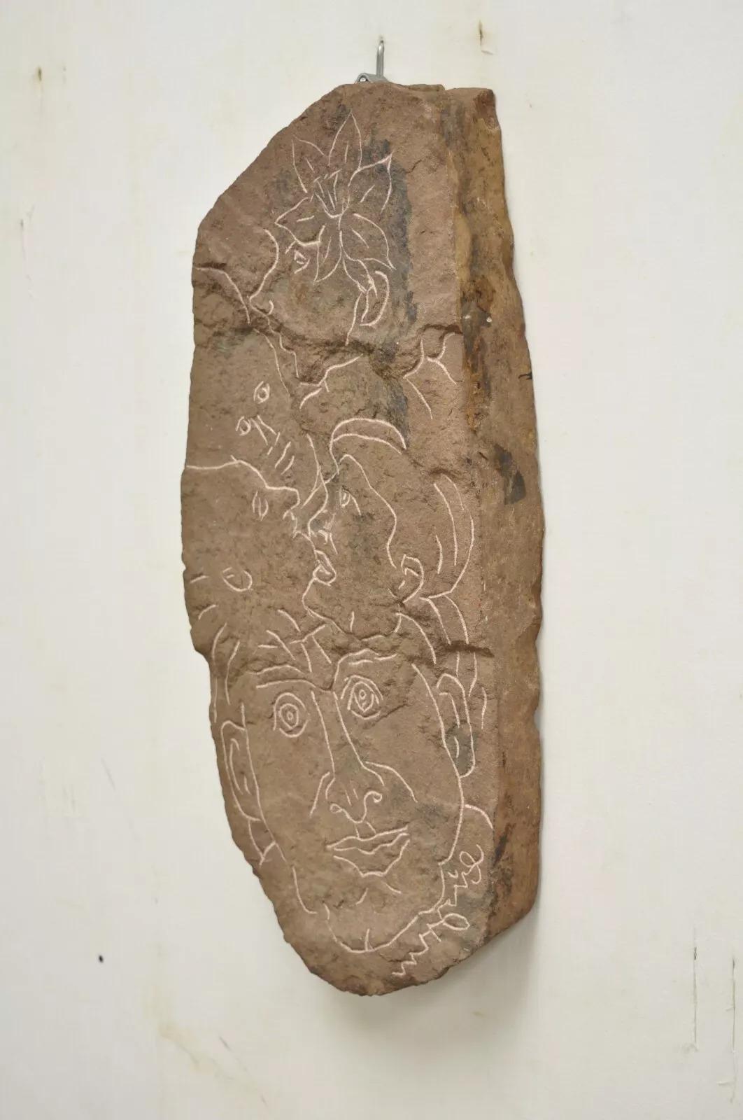 20th Century Eugene Gauss Mid Century Figural Carved Red Stone Picasso Style Wall Sculpture For Sale