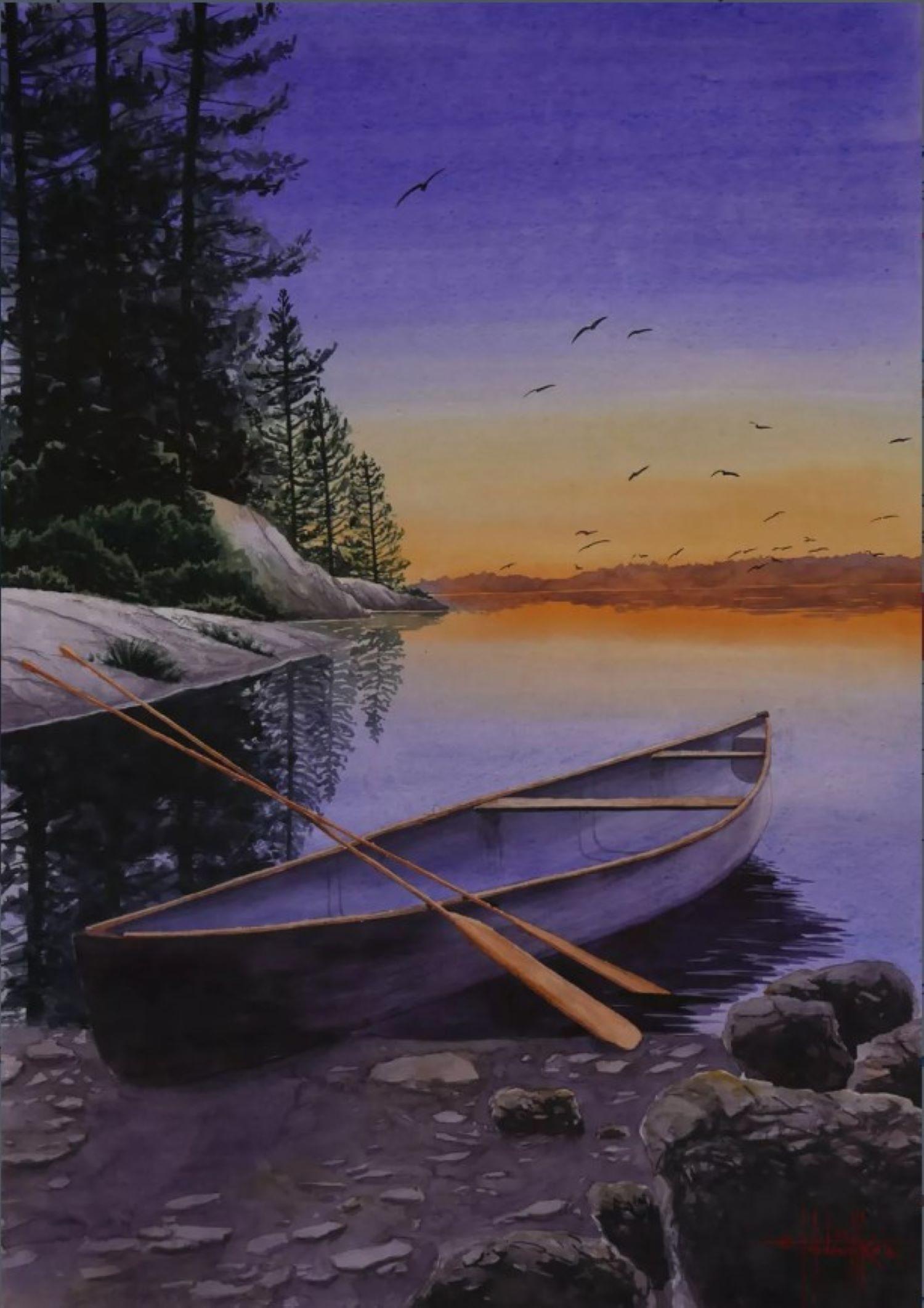 Canoe on the shore of the lake - Painting by Eugene Gorbachenko