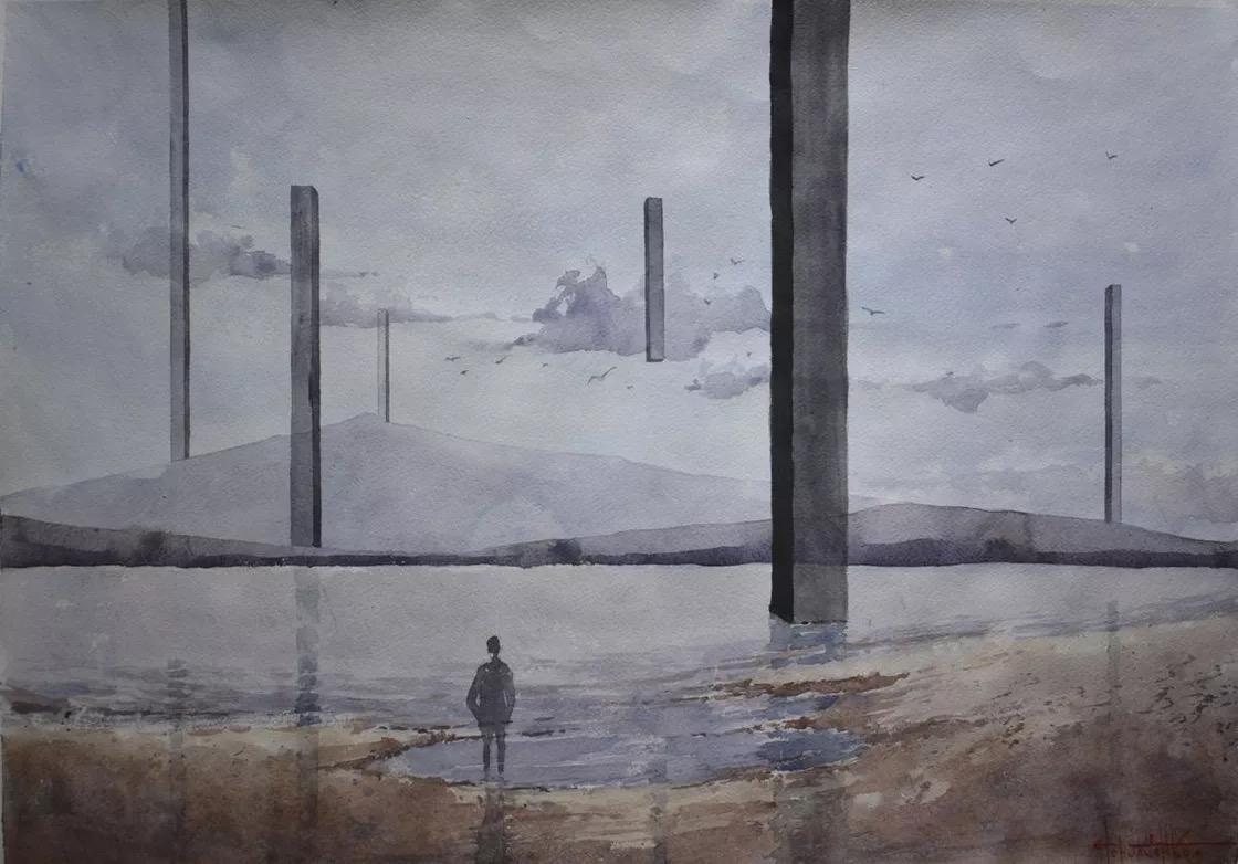 Mer calme - Gris Figurative Painting par Eugene Gorbachenko