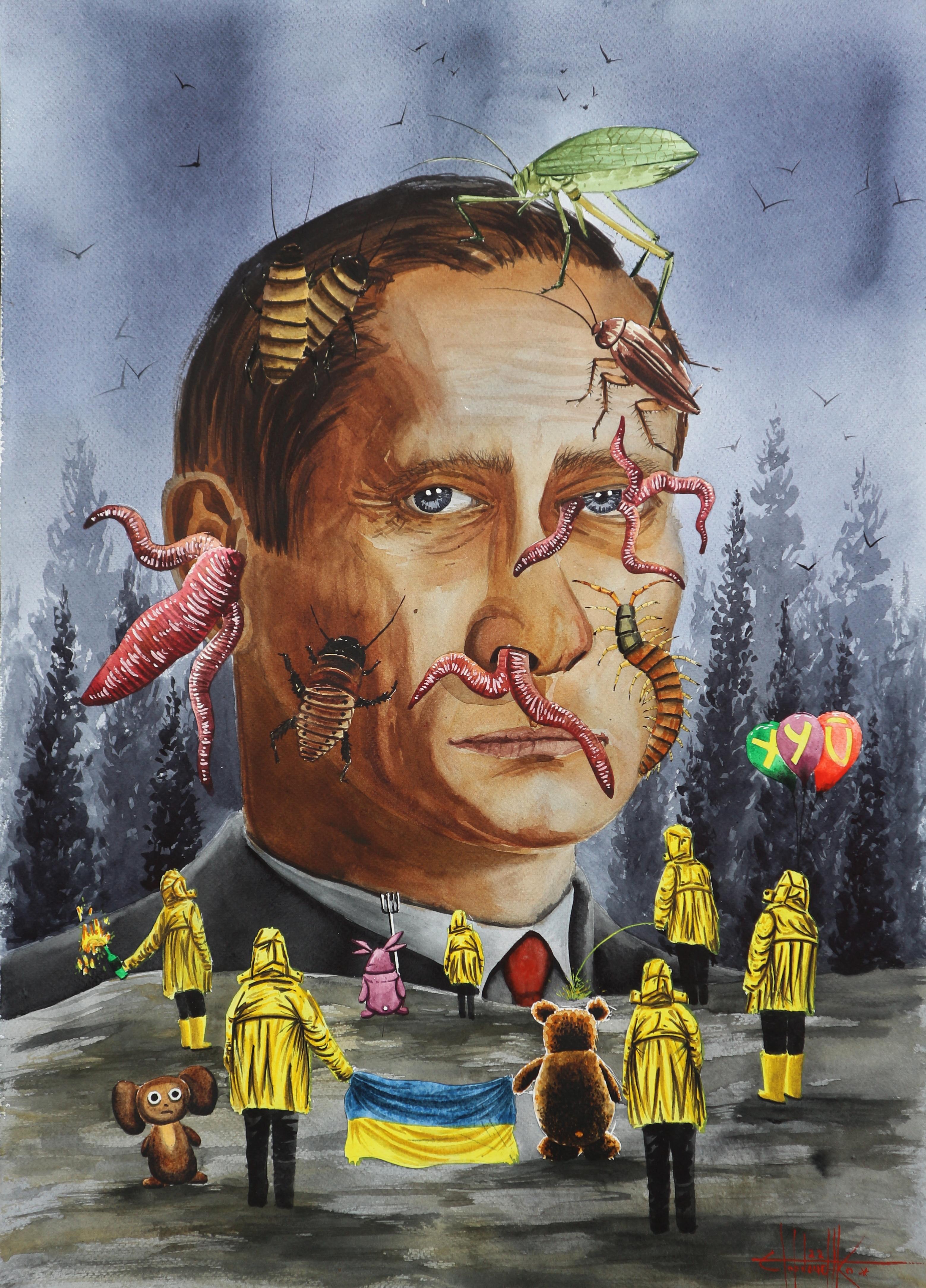 Fermare gli scarafaggi di Putin - Figurative Painting Grigio di Eugene Gorbachenko