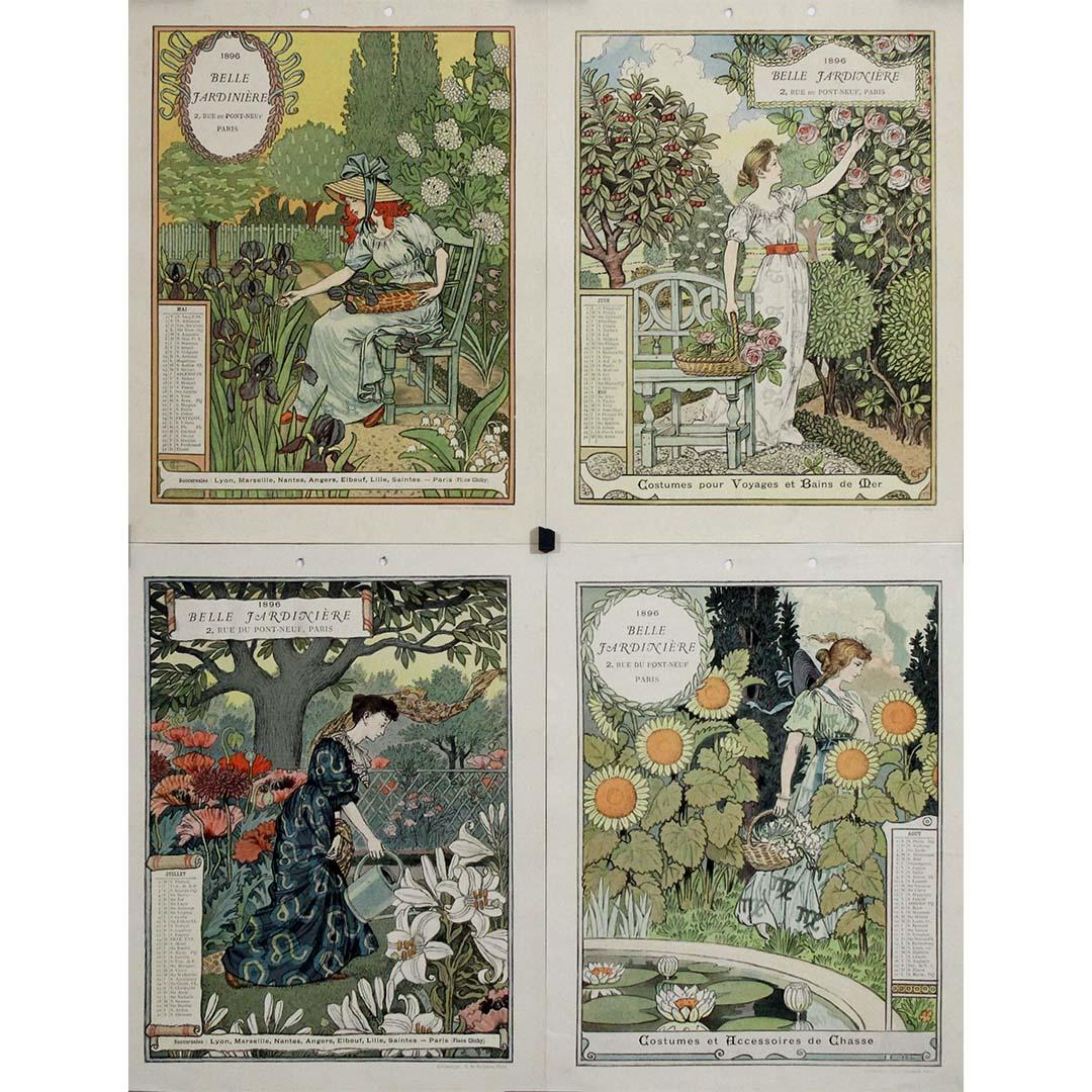 This rare and exquisite 1896 calendar by Swiss-born French illustrator Eugène Grasset, created for the Parisian department store La Belle Jardinière, is a masterpiece of Art Nouveau design. Comprising twelve individual lithographs—one for each