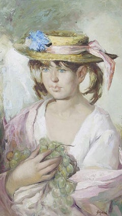 20th century portrait of girl with hat and grapes