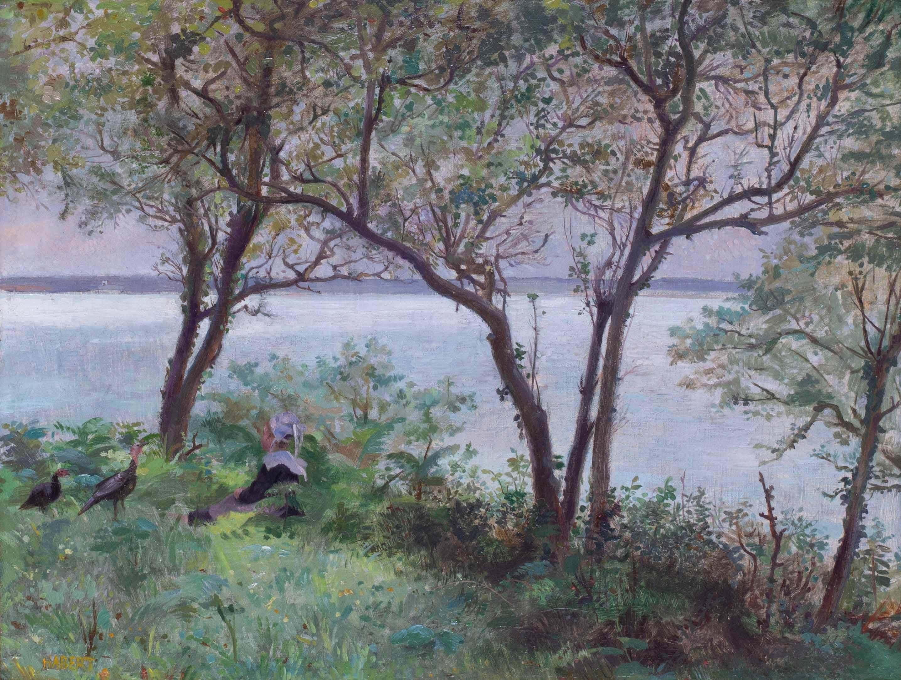19th Century Impressionist oil painting of a girl above the bay in summertime - Painting by Eugene Habert 