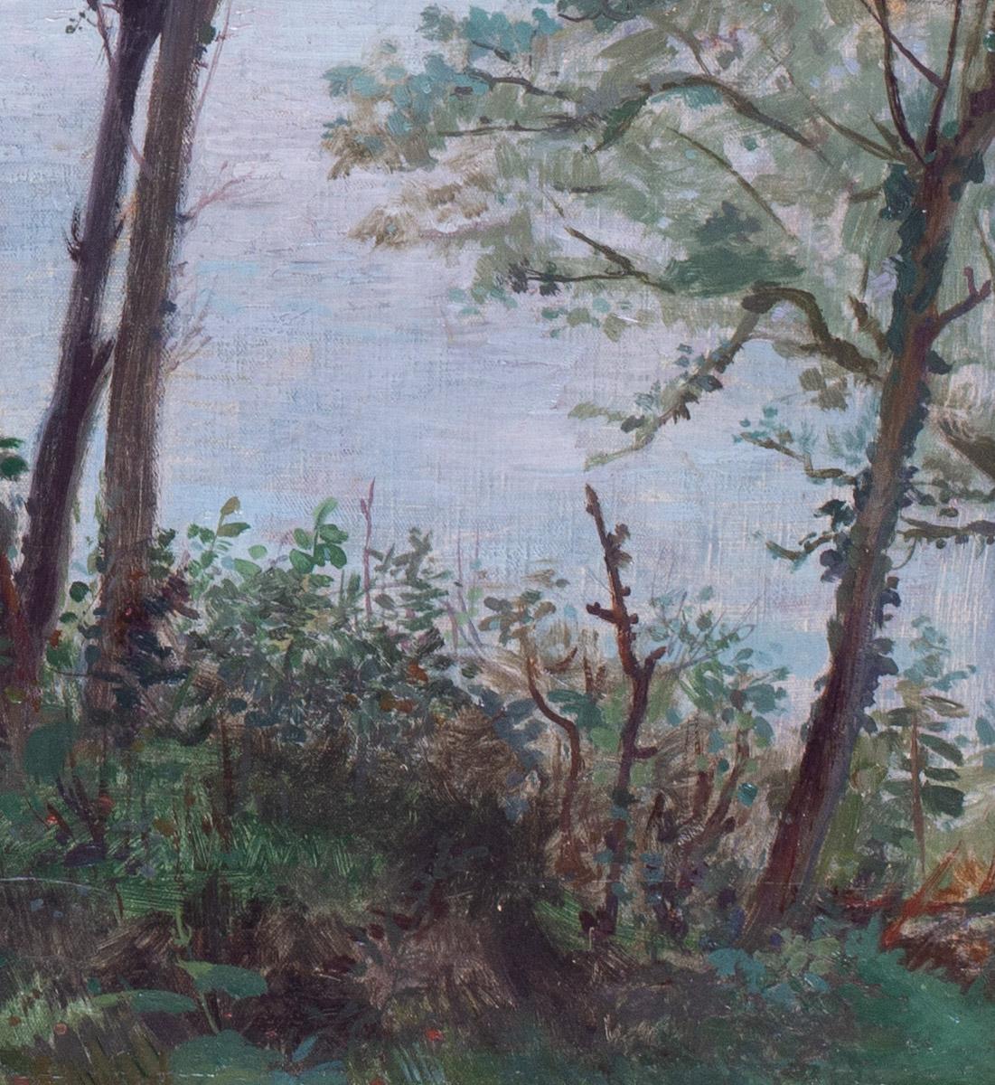 Eine schöne und sommerliche impressionistische Szene eines Mädchens, das unter einem grünen Blätterdach am Meer sitzt.

Eugene Habert (Franzose, 1842 - 1916)
Ein Mädchen und ihr Truthahn sind über der Bucht
Öl auf Leinwand
Signiert 'HABERT' (unten