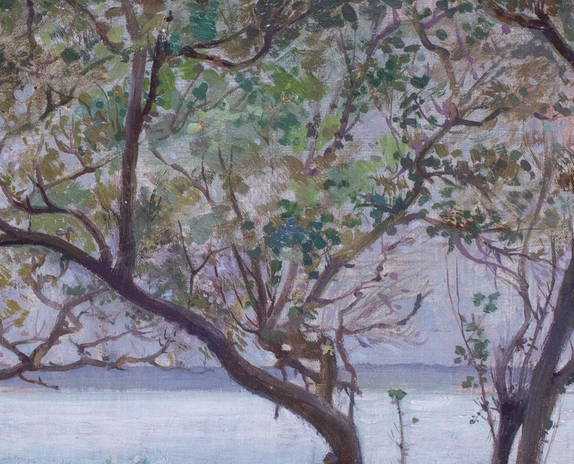 Peinture à l'huile impressionniste du 19e siècle représentant une jeune fille au-dessus de la baie en été en vente 1