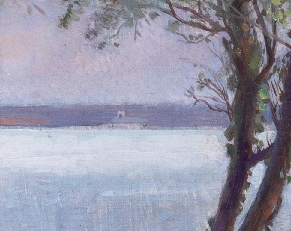 Peinture à l'huile impressionniste du 19e siècle représentant une jeune fille au-dessus de la baie en été en vente 2