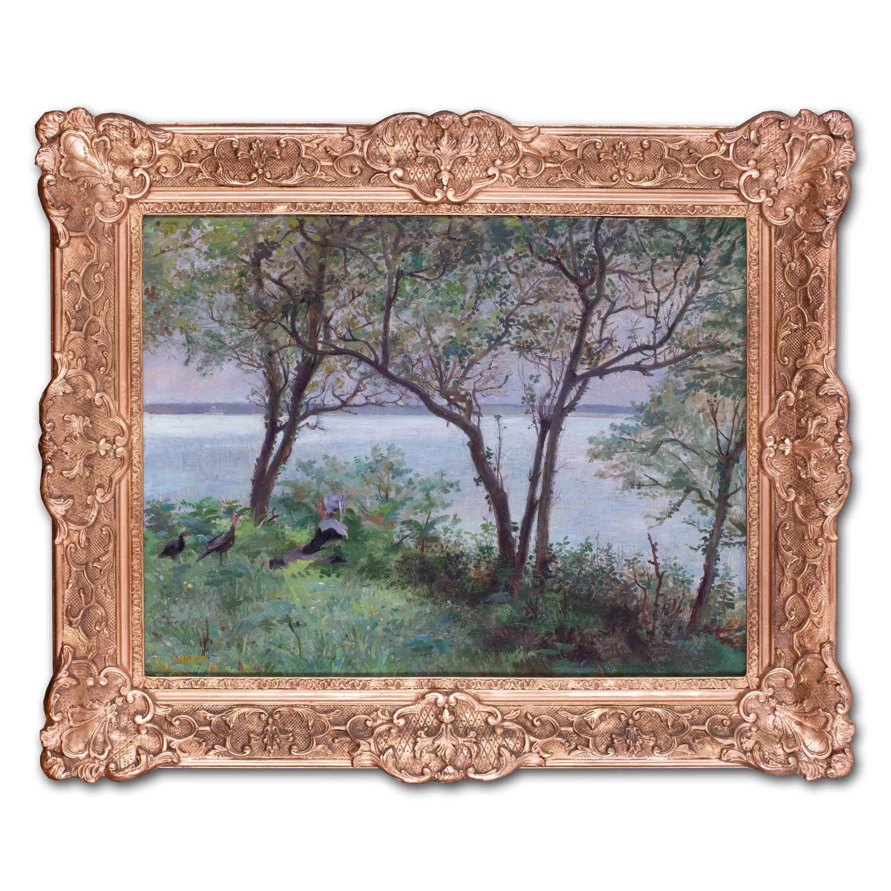 Eugene Habert  Landscape Painting - 19th Century Impressionist oil painting of a girl above the bay in summertime