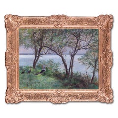 19th Century Impressionist oil painting of a girl above the bay in summertime