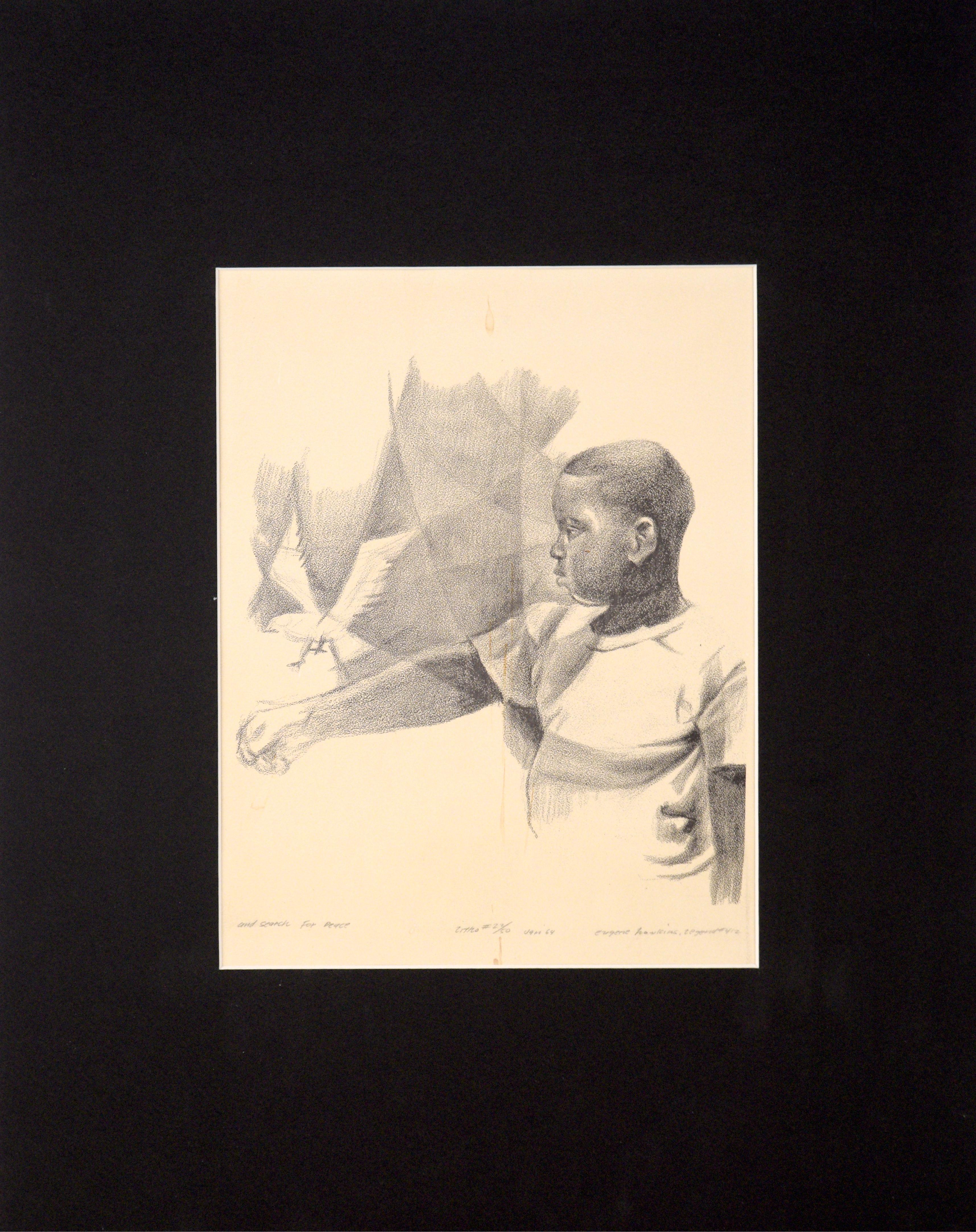 „And Search for Peace“ – Seltene signierte figurative Lithographie in Tinte auf Papier