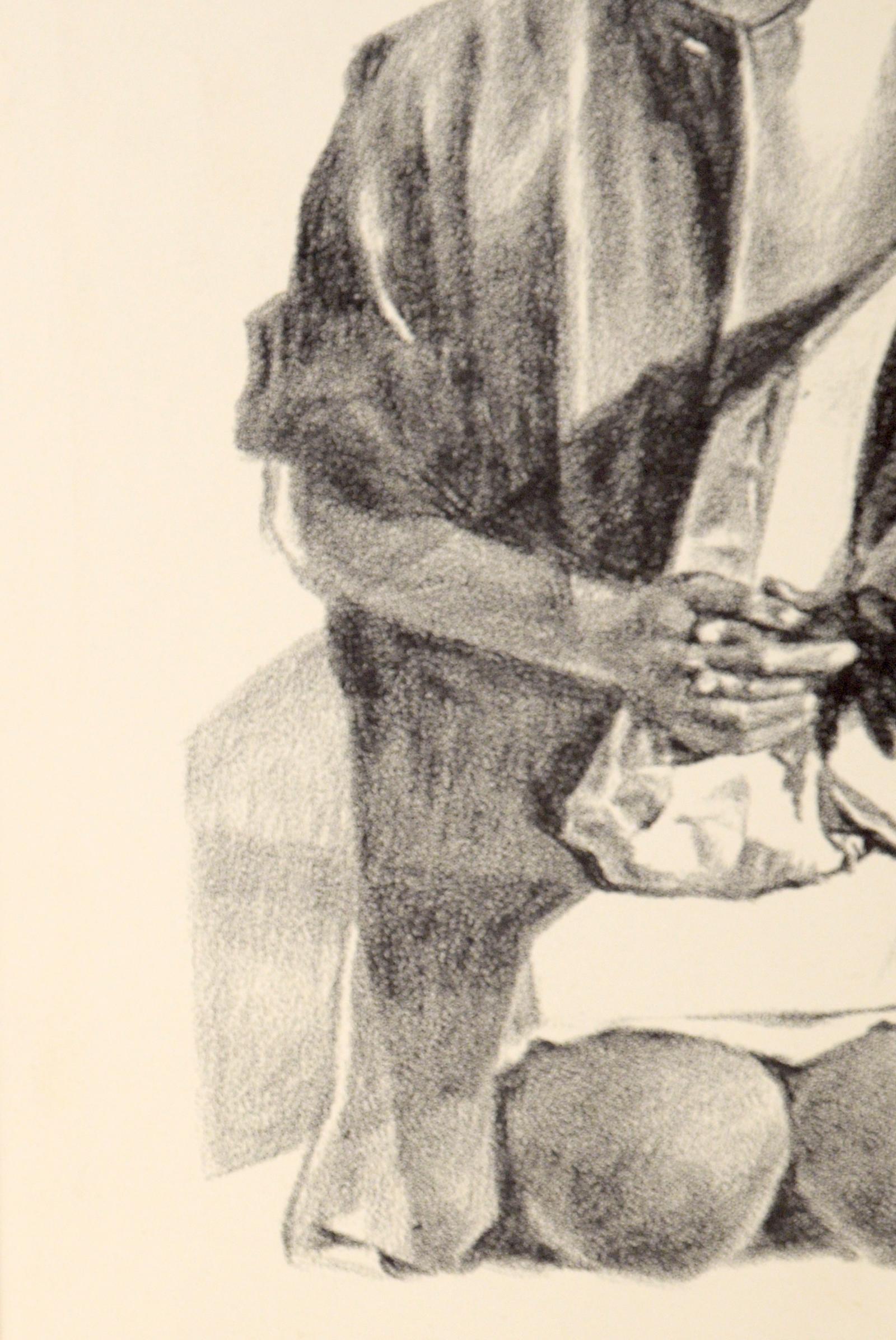 „Birmingham School Girl“ – seltene signierte figurative Lithographie in Tinte auf Papier

Kräftige Lithografie von Eugene Hawkins (Amerikaner, geb. 1933). Das halb abstrahierte Bild zeigt ein junges, schwarzes Schulmädchen, das verzweifelt und