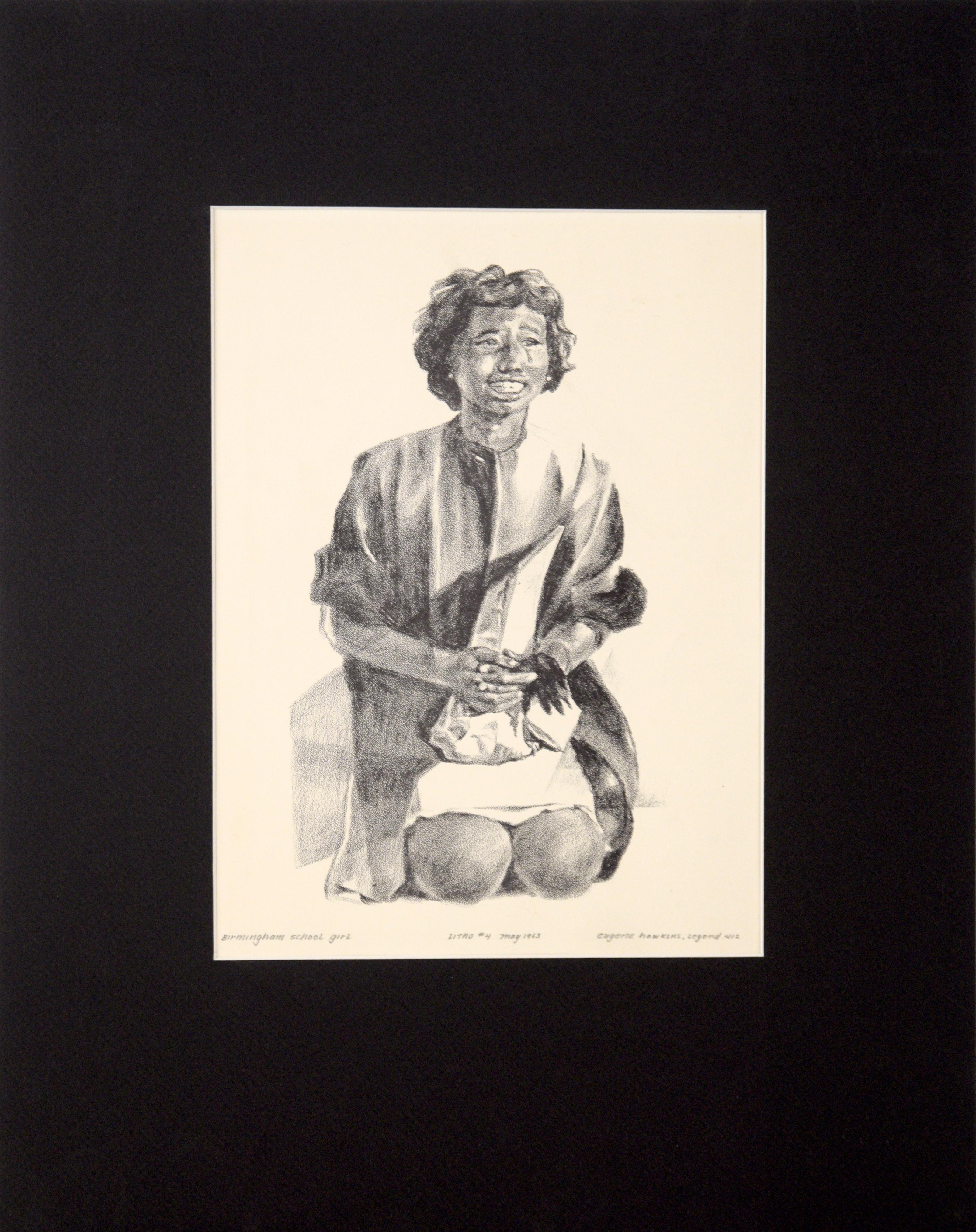 Eugene Hawkins Figurative Print – „Birmingham School Girl“ – seltene signierte figurative Lithographie in Tinte auf Papier