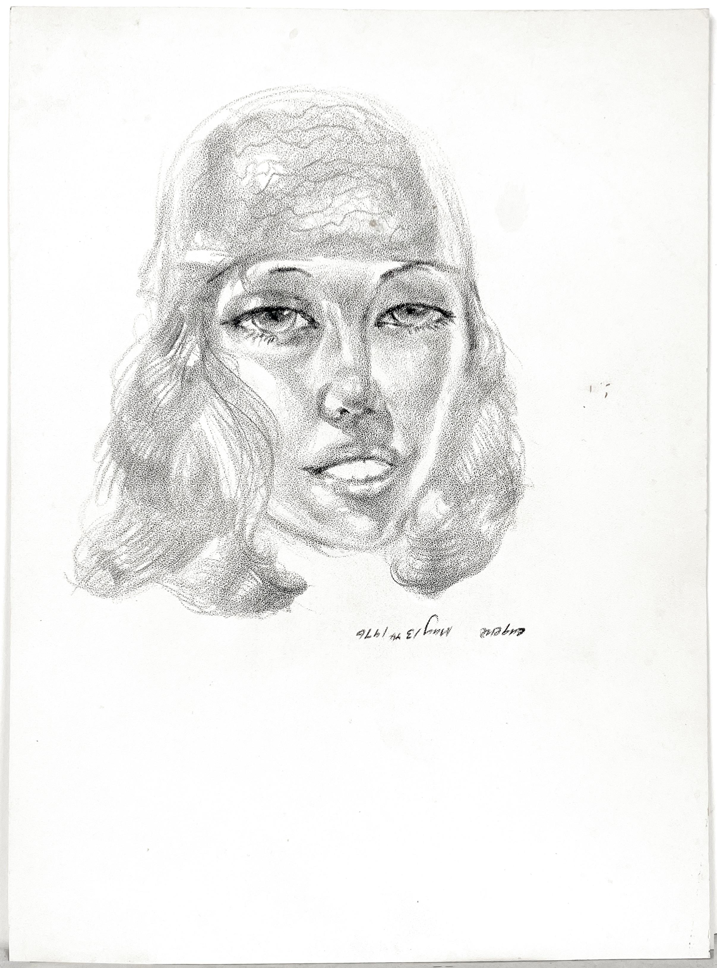 Bohemian Woman - Rare and Signed Graphite Portrait Drawing on Textured Paper - Print by Eugene Hawkins