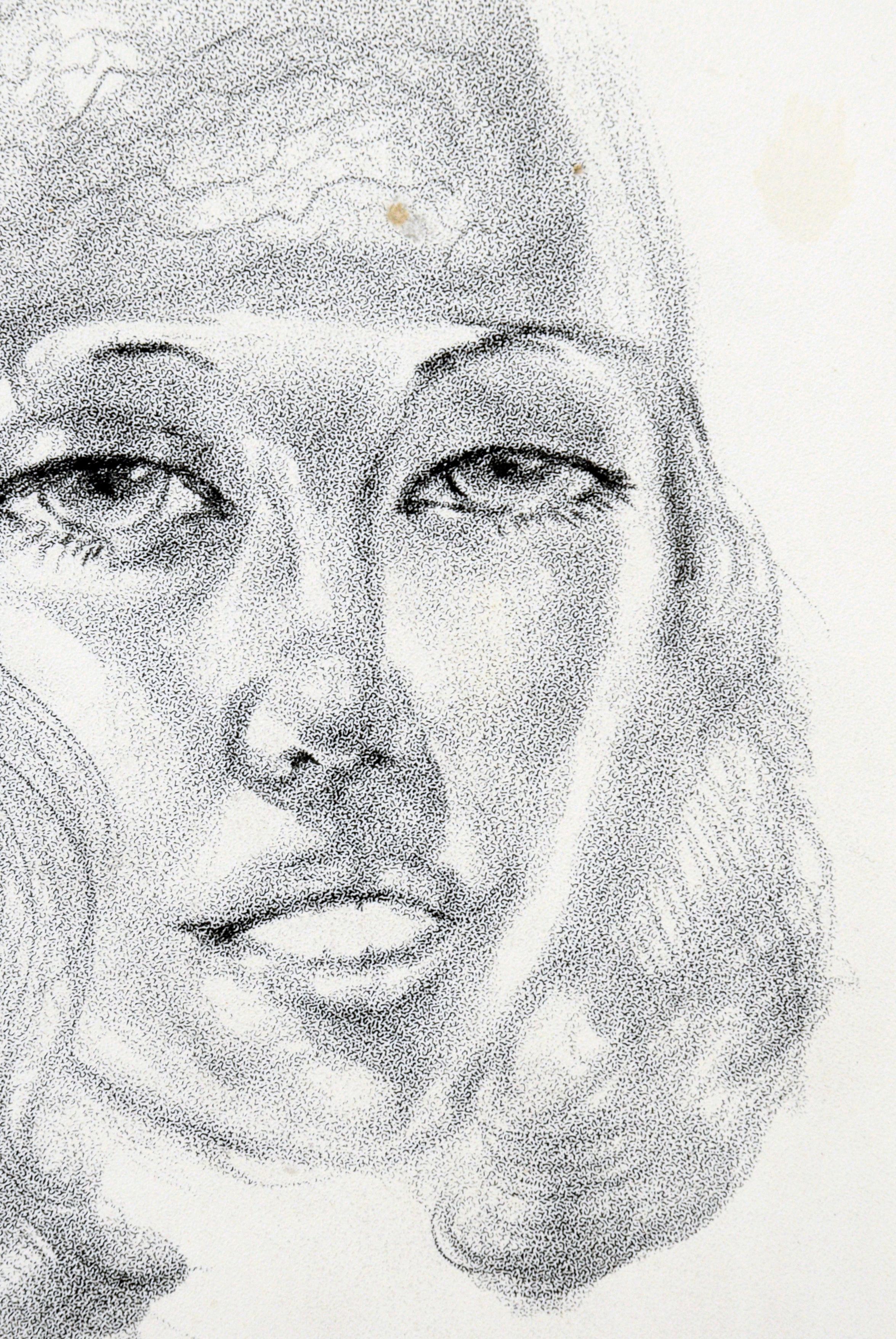 Bohemian Woman - Rare and Signed Graphite Portrait Drawing on Textured Paper - American Modern Print by Eugene Hawkins