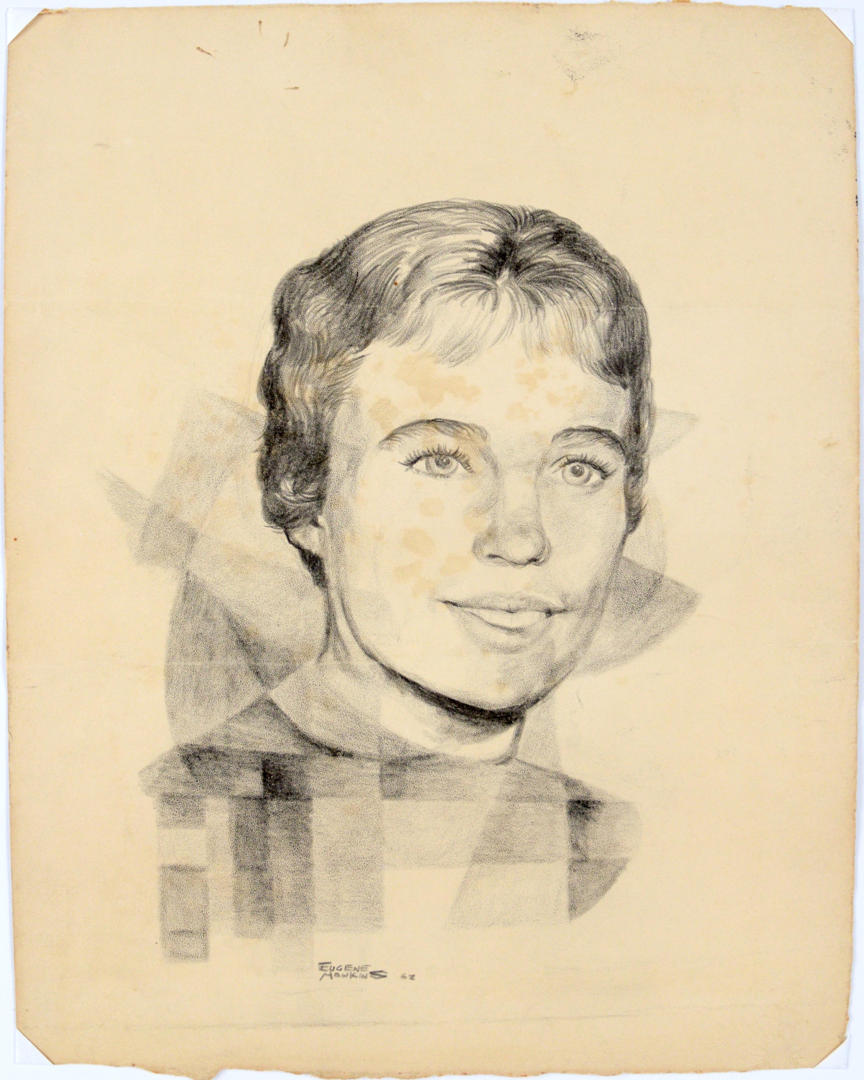 Geometric Woman's Portrait - Rare Signed Graphite Drawing on Paper 1962

Beautiful, soft original drawing by Eugene Hawkins (American, b. 1933). A realistic depiction of a short-haired woman, her large lips parted into a soft smile. She's surrounded