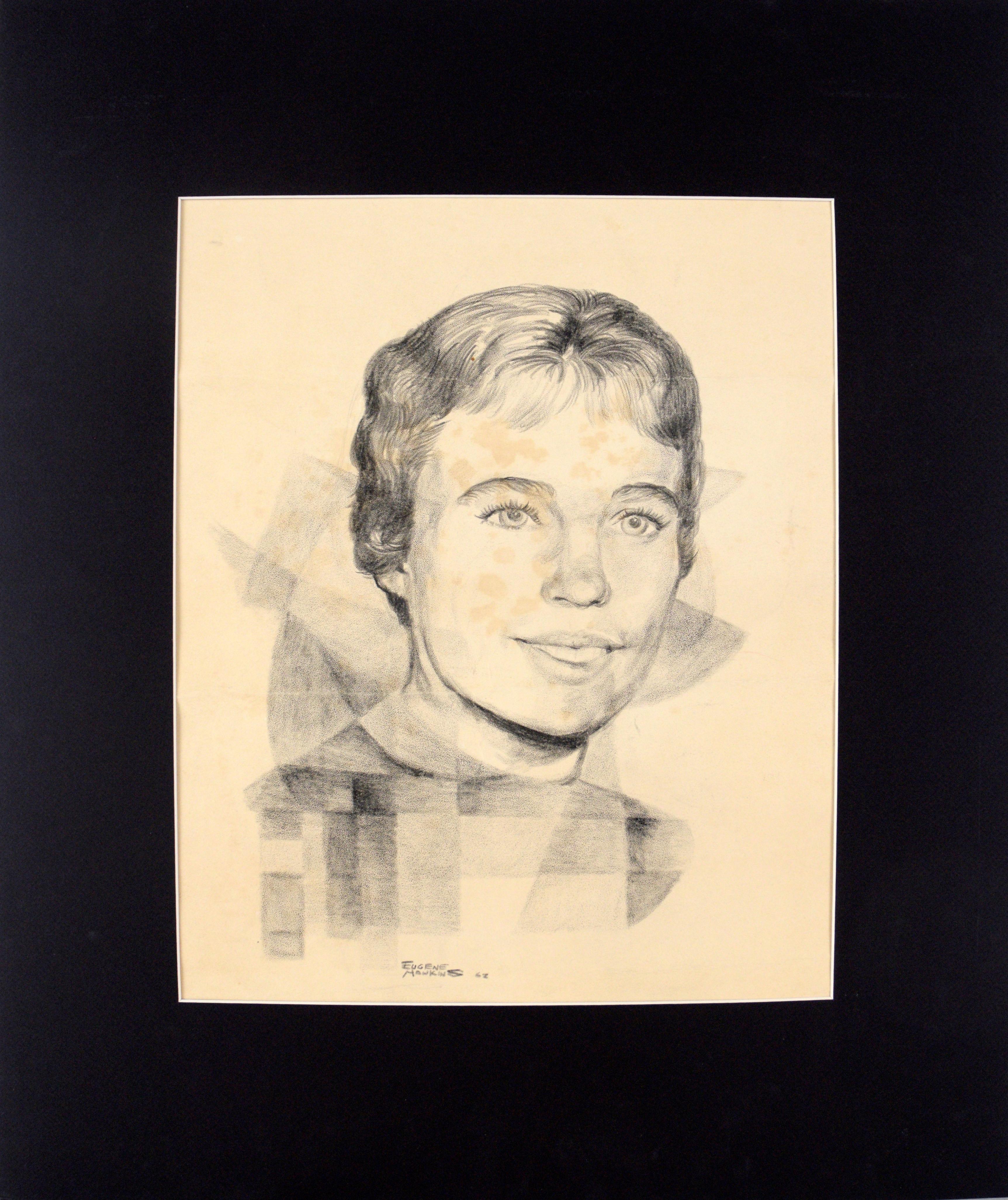 Eugene Hawkins Figurative Print - Geometric Woman's Portrait - Rare Signed Graphite Drawing on Paper 1962