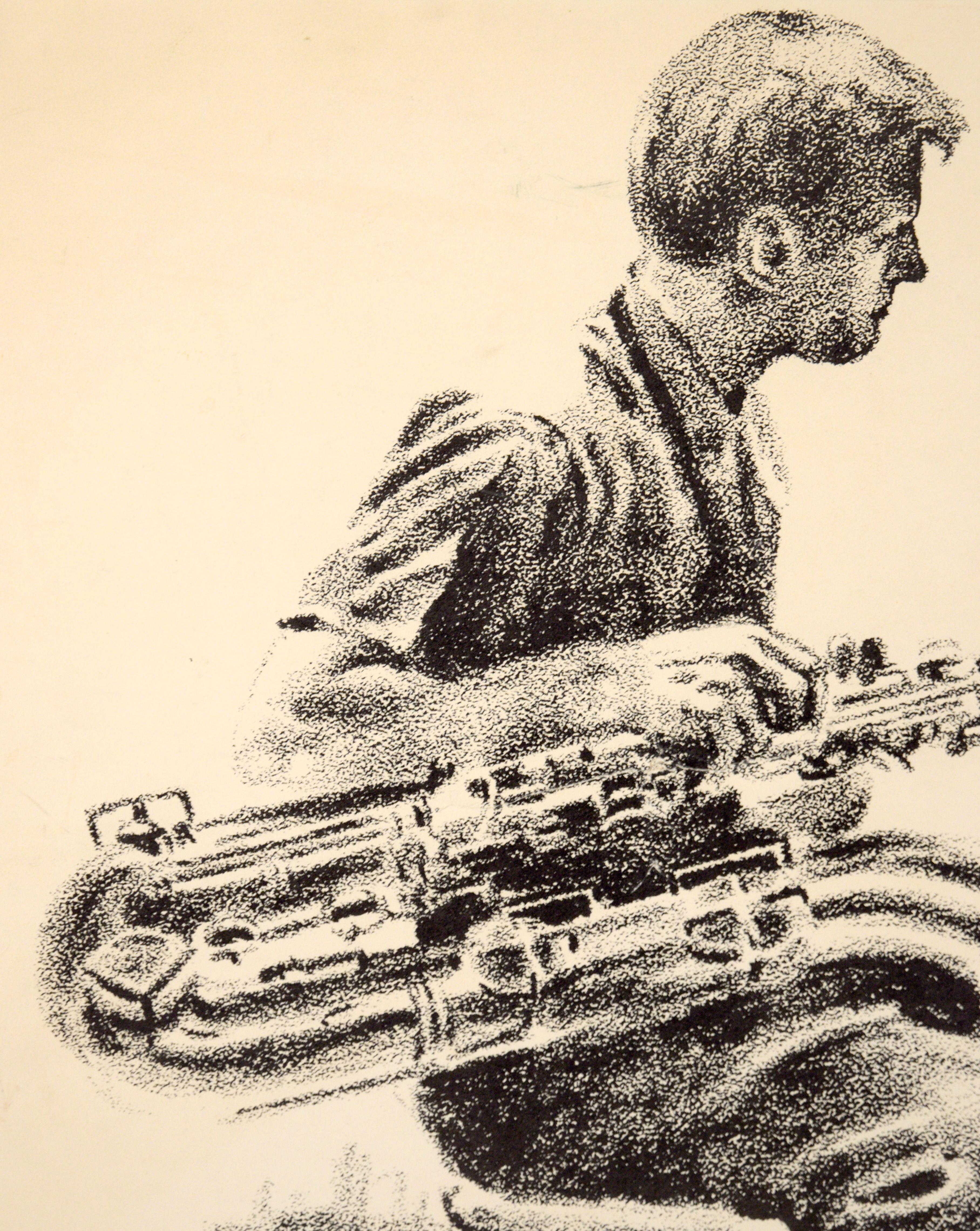 Gerry Mulligan, Baritone Sax – seltene signierte figurative Lithographie in Tinte auf Papier – Print von Eugene Hawkins
