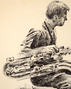 Gerry Mulligan, Baritone Sax - Rare Signed Figurative Lithograph in Ink on Paper