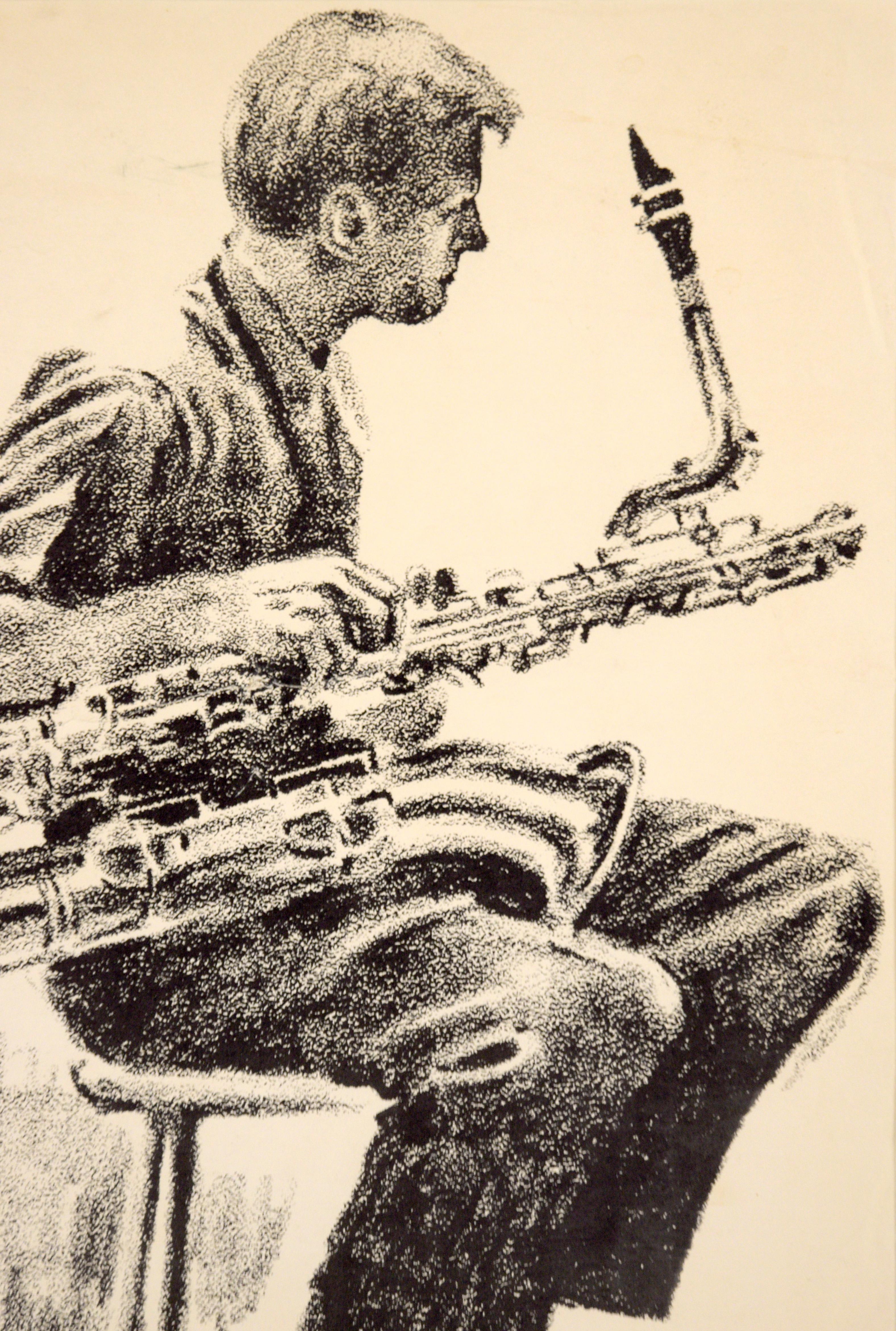 Gerry Mulligan, Baritone Sax – seltene signierte figurative Lithographie in Tinte auf Papier (Amerikanische Moderne), Print, von Eugene Hawkins
