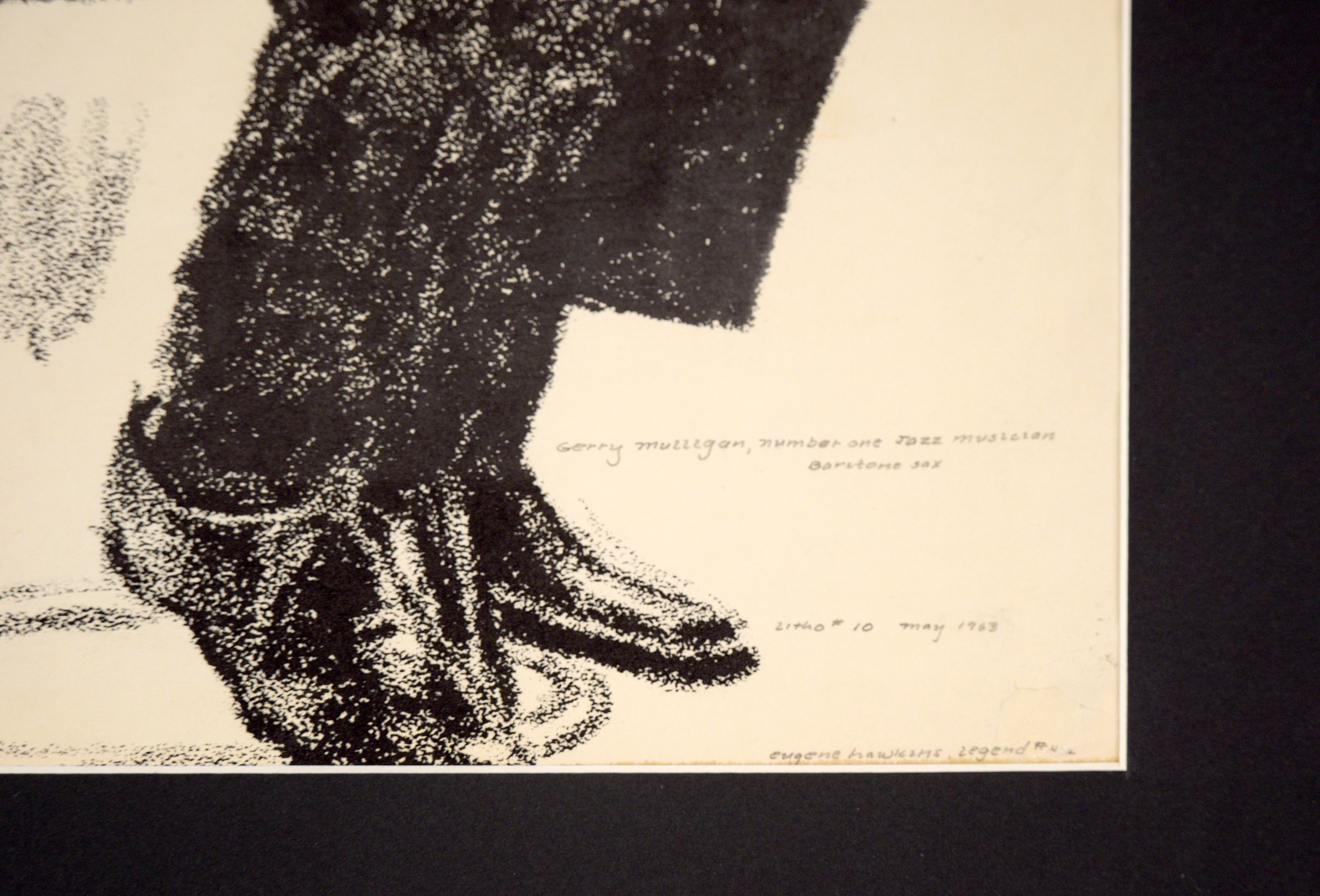Gerry Mulligan, Baritone Sax – seltene signierte figurative Lithographie in Tinte auf Papier im Angebot 1