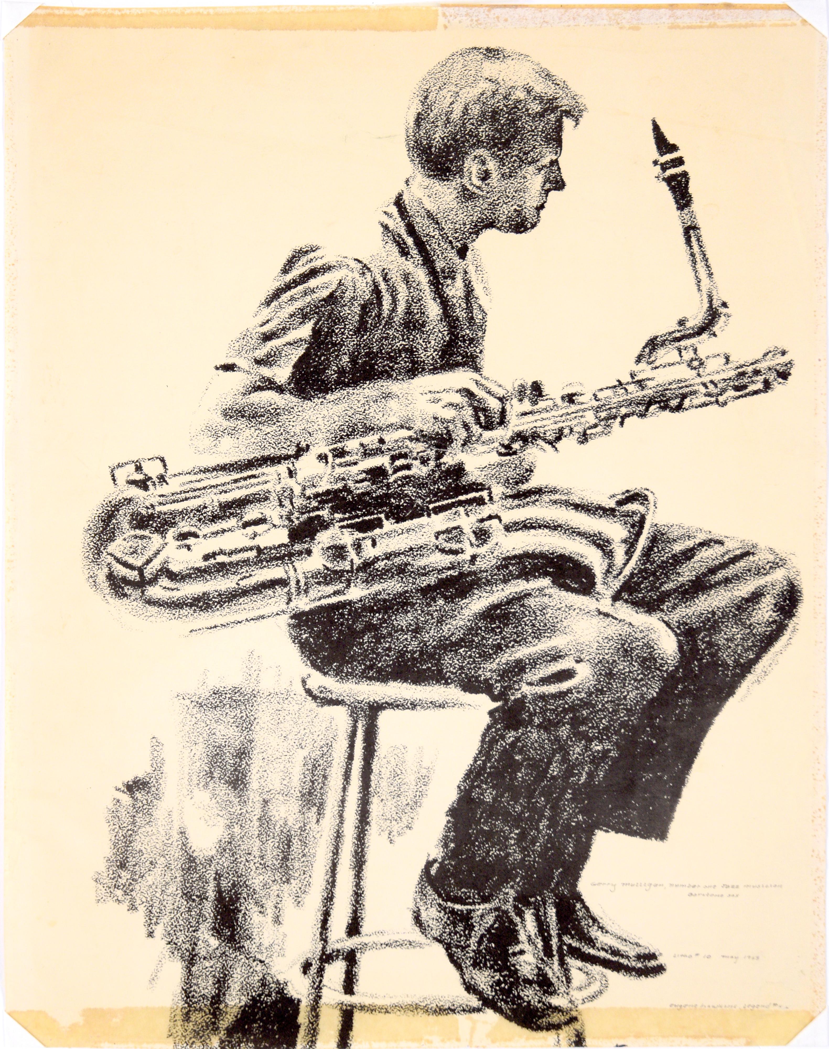 Gerry Mulligan, Baritone Sax - Rare Signed Figurative Lithograph in Ink on Paper - American Modern Print by Eugene Hawkins