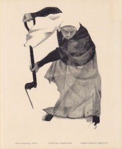"Nun Shoveling Snow" - Rare Signed Figurative Lithograph in Ink on Paper
