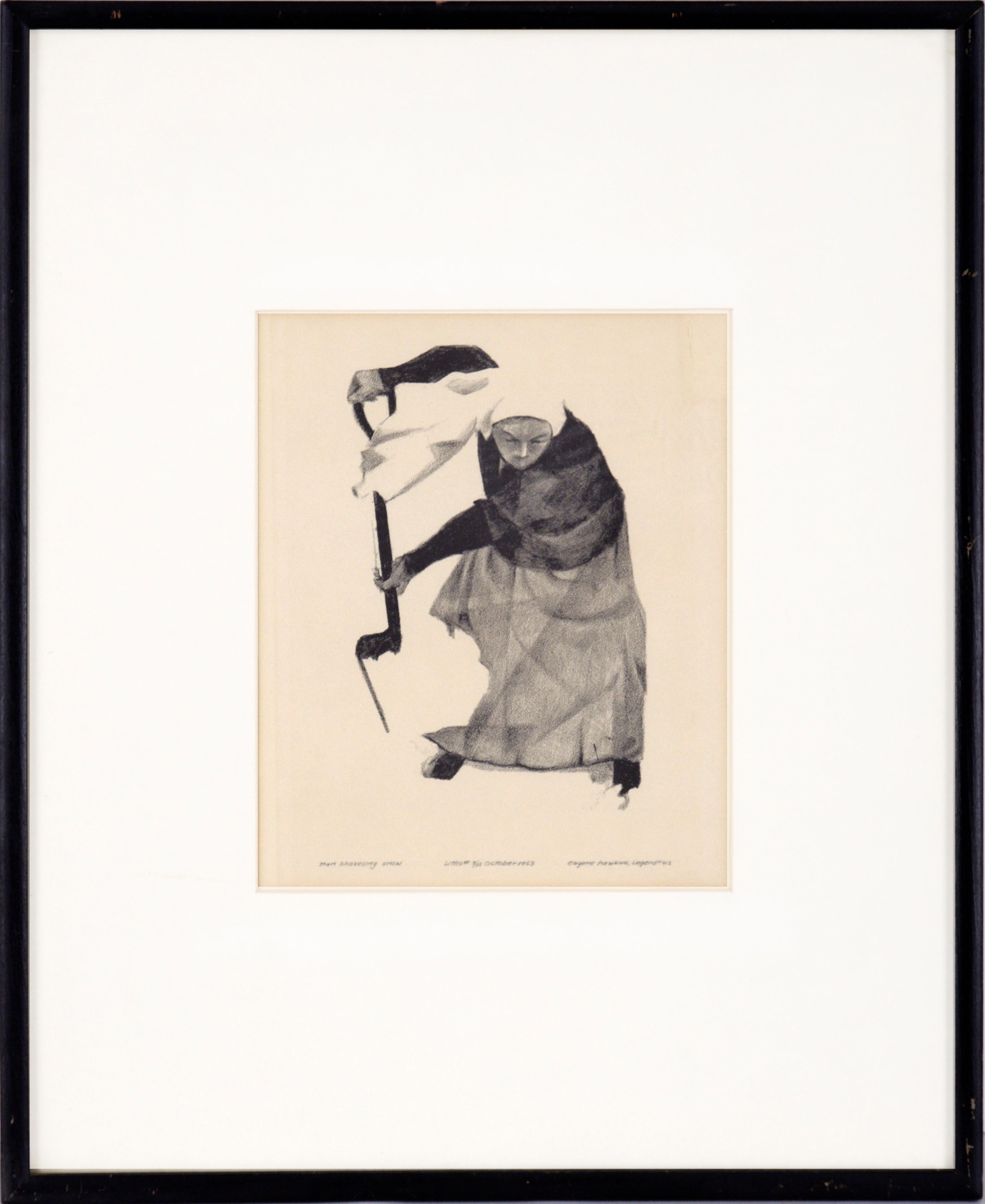 Eugene Hawkins Figurative Print - "Nun Shoveling Snow" - Rare Signed Figurative Lithograph in Ink on Paper