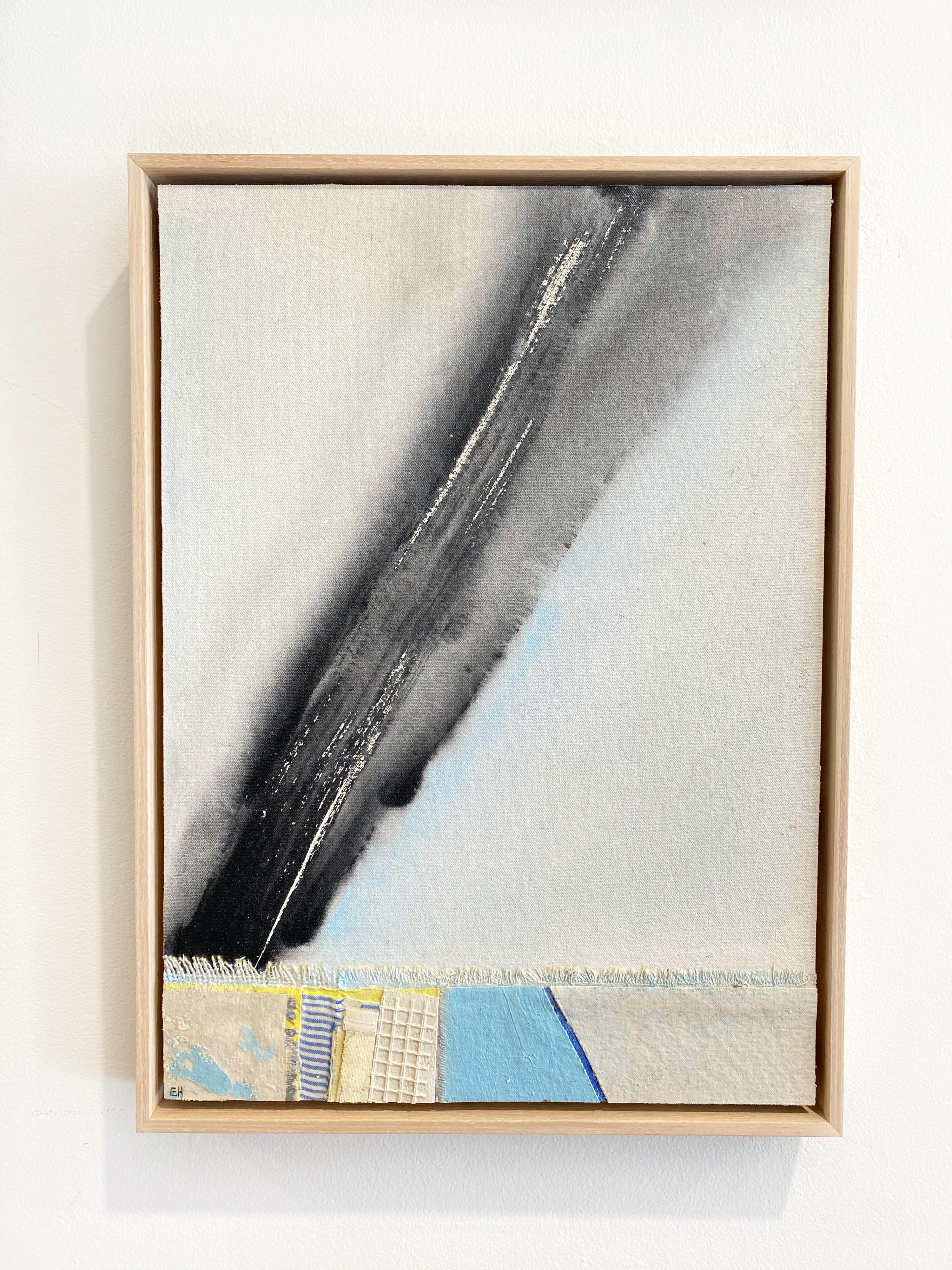 “The Front #1” by Eugene Healy, 2020. Fabric collage and oil on canvas.  14 x 20 in. Framed: 21 x 15 in. This abstract, landscape painting features an abstracted seascape with land, sea, and sky in an aerial view. Calming colors of light blue,