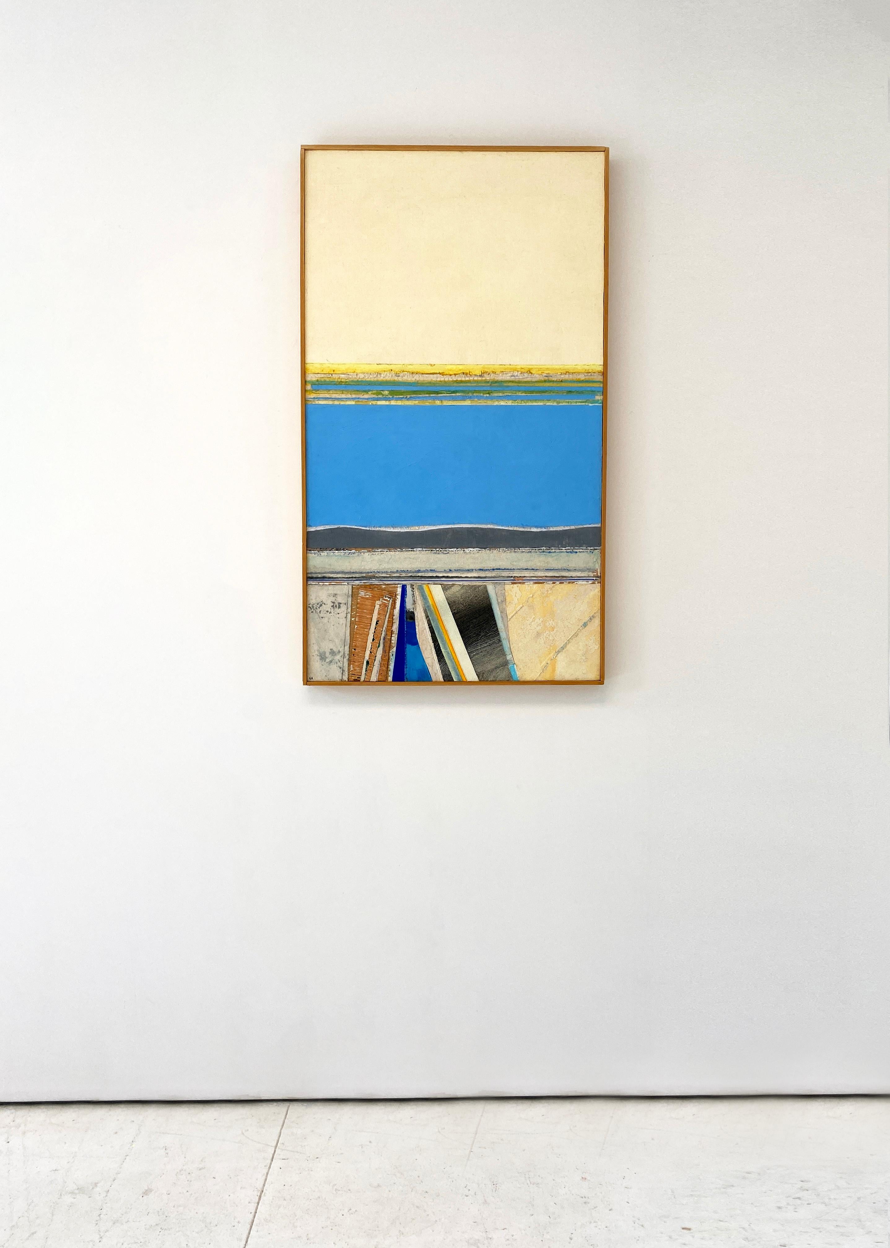 'Cape Cod Canal' by Eugene Healy, 2024. Fabric collage and oil on canvas, Image: 48.75 x 27.75 in. This landscape painting features an abstracted coastal scene with land and sea.  In calming colors of blue, beige, yellow, green, grey, white, and