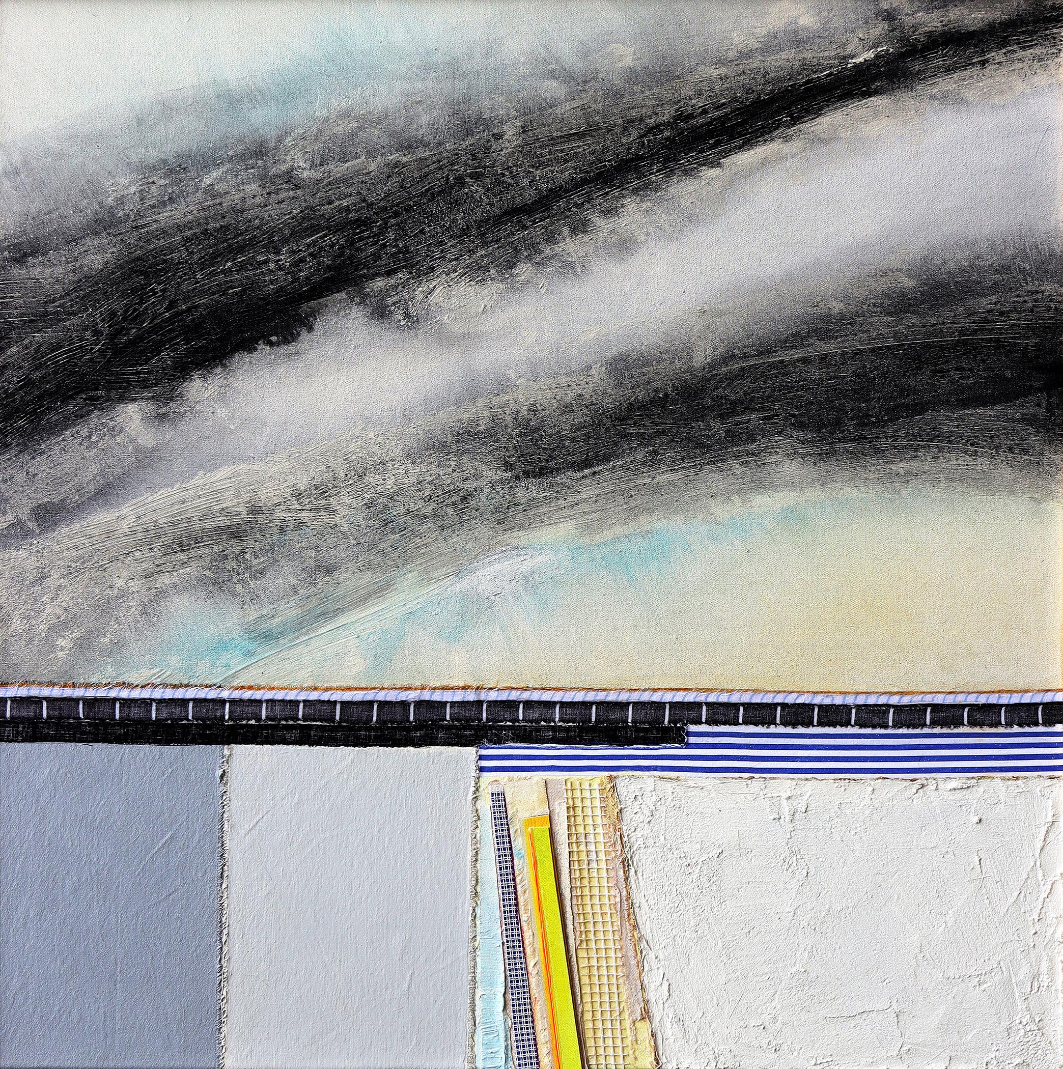 Available at Madelyn Jordon Fine Art. 'Hurricane Light' by Eugene Healy, 2024. Fabric collage and oil on canvas, 36 x 36 in. / Frame: 36.5 x 36.5 in. This landscape painting features an abstracted seascape with land and sky.  Healy incorporates