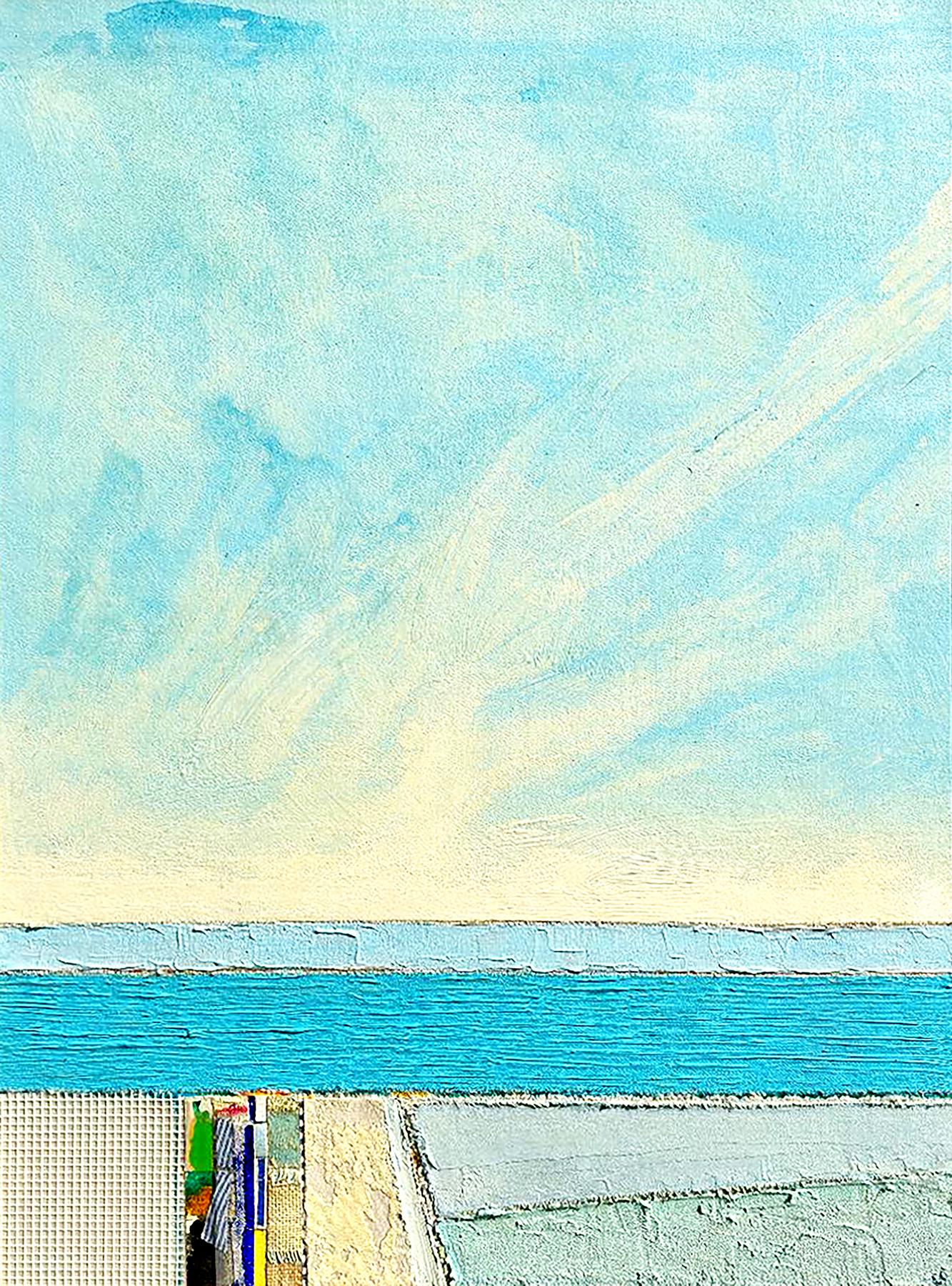 Available at Madelyn Jordon Fine Art. 'Oak Bluffs' by Eugene Healy, 2021. Oil and mixed media on canvas, 40 x 30 in. This landscape painting features an abstracted seascape with land, sea, and sky and the artist incorporates sections of texture and