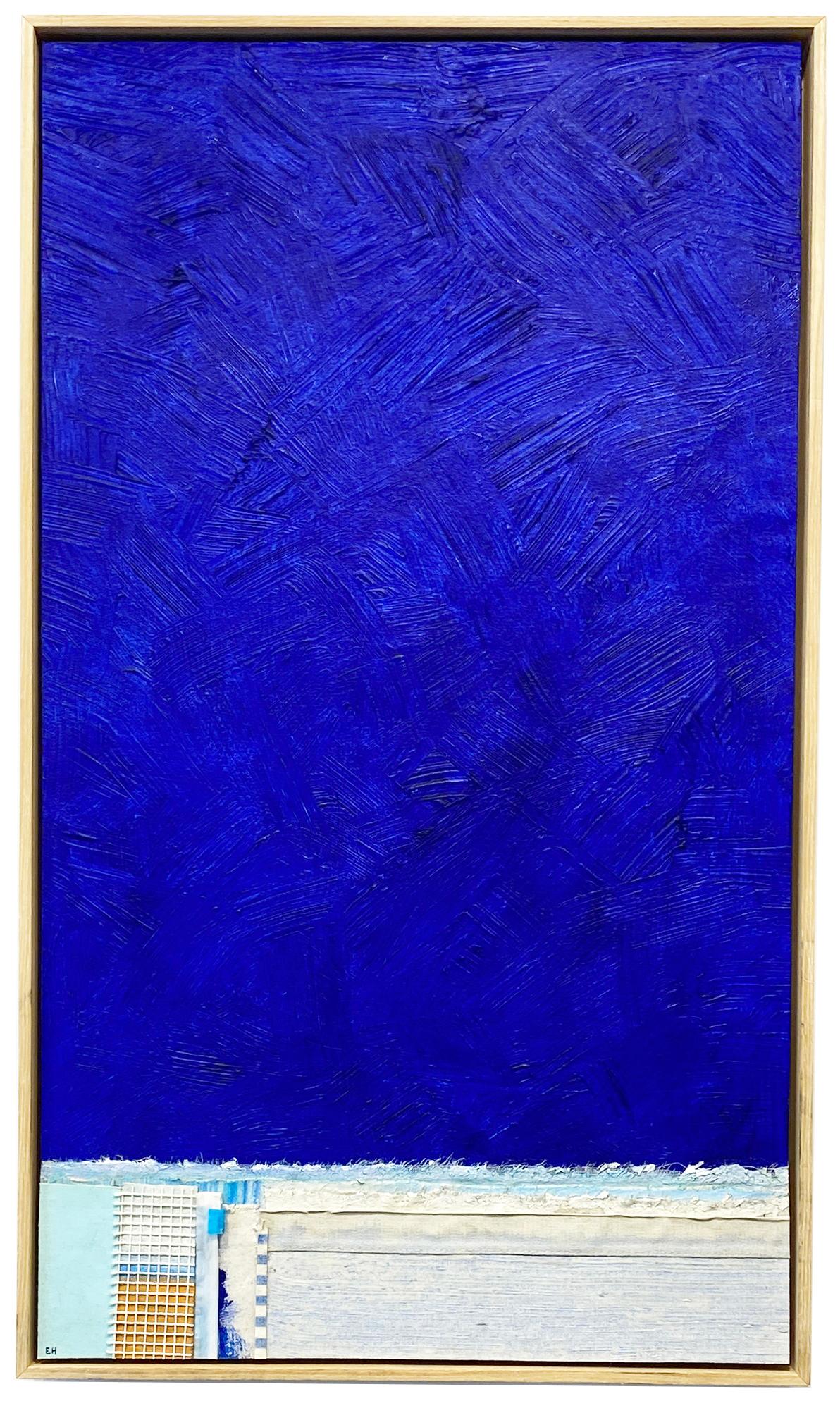 Disponibile presso Madelyn Jordon Fine Art. Shelter Island" di Eugene Healy, 2024. Olio e tecnica mista su tela, 32,62 x 18,62 pollici. / Cornice: 33,5 x 19,5 pollici.	Questo dipinto di paesaggio presenta un paesaggio marino astratto con terra, mare