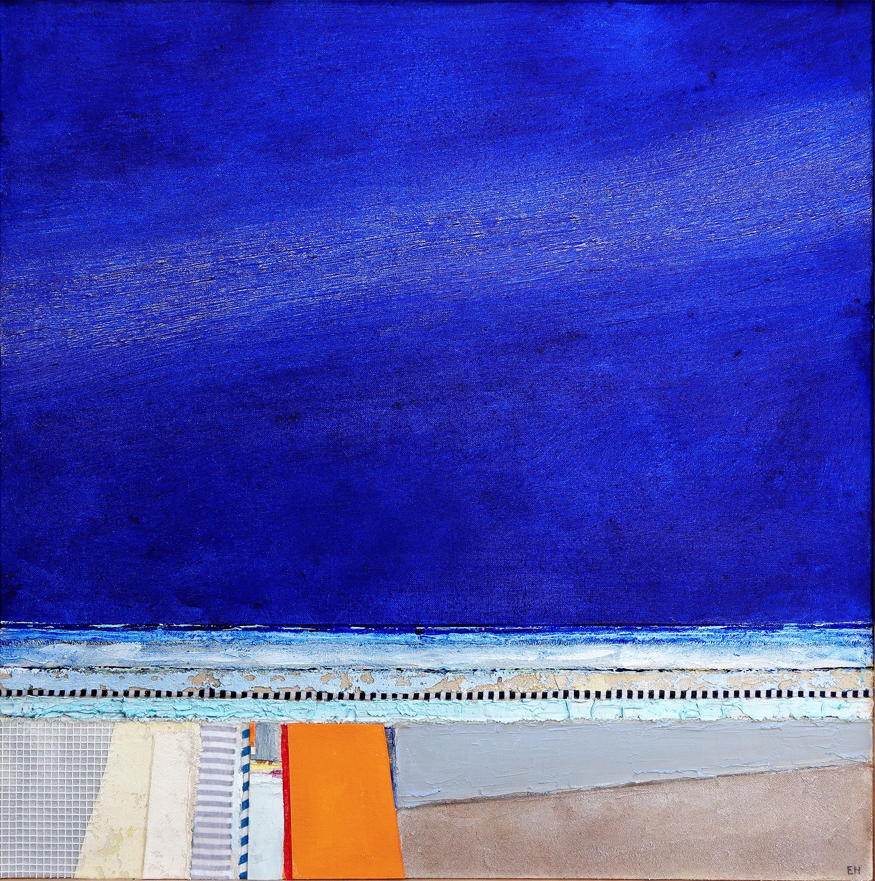 Available at Madelyn Jordon Fine Art. 'The Boardwalk' by Eugene Healy, 2022. Oil and mixed media on canvas, 30 x 30 in. This landscape painting features an abstracted seascape with land, sea, and sky and the artist incorporates sections of texture