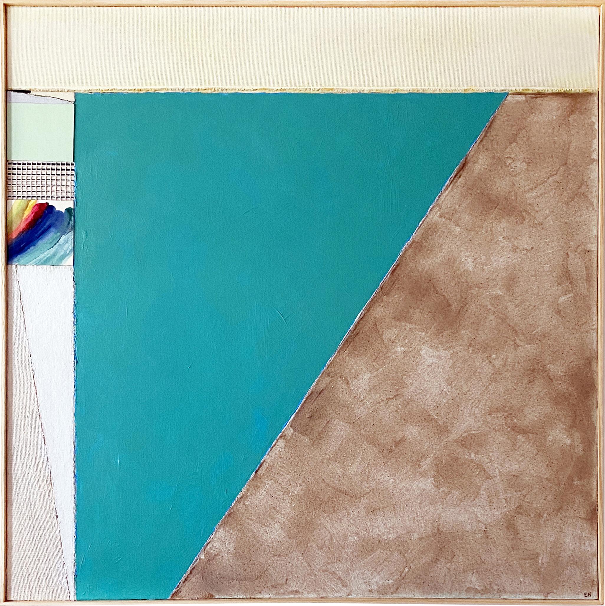 Disponibile presso Madelyn Jordon Fine Art. Bar Beach" di Eugene Healy, 2023. Olio e tecnica mista su tela, 36 x 35,5 pollici. / Cornice: 36,5 x 36,5 pollici. Questo dipinto di paesaggio presenta un paesaggio marino astratto con terra, mare e cielo
