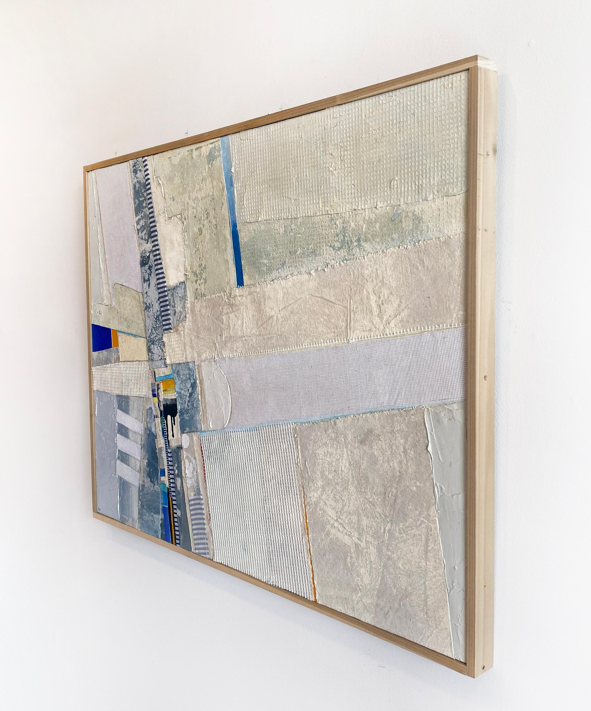 “The Front” by Eugene Healy, 2022. Mixed media on canvas.  30 x 40 in. This abstract, landscape painting features an abstracted seascape with land, sea, and sky in an aerial view. Calming colors of light blue, yellow, red, orange, grey, and white