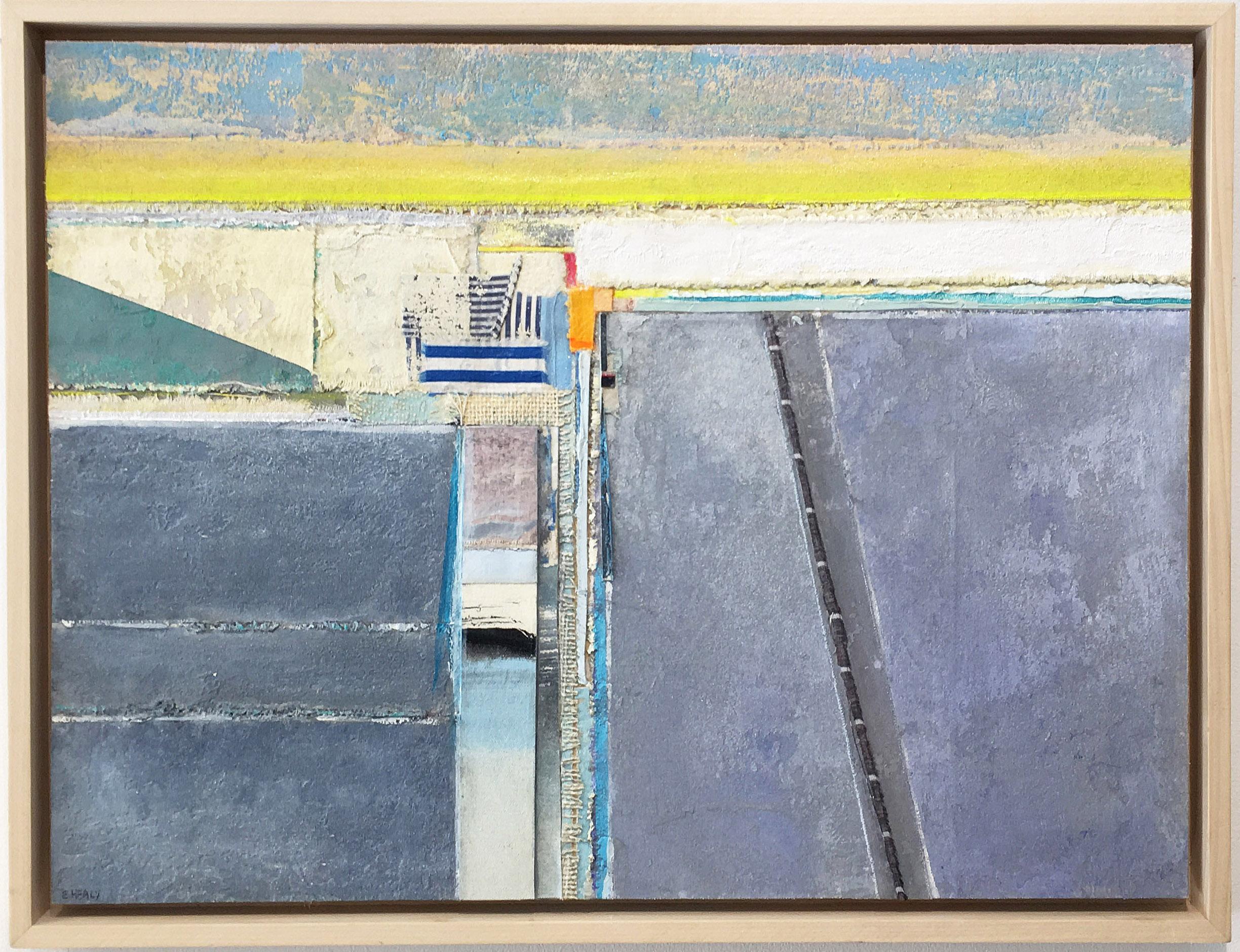 'Coastal Series #20' by Eugene Healy, 2019. Oil and fabric collage on canvas, 19 x 25.25 in. / Frame: 21 x 27 in. This landscape painting features an abstracted coastal scene with land and sea in aerial view. In calming colors of blue, grey, green,