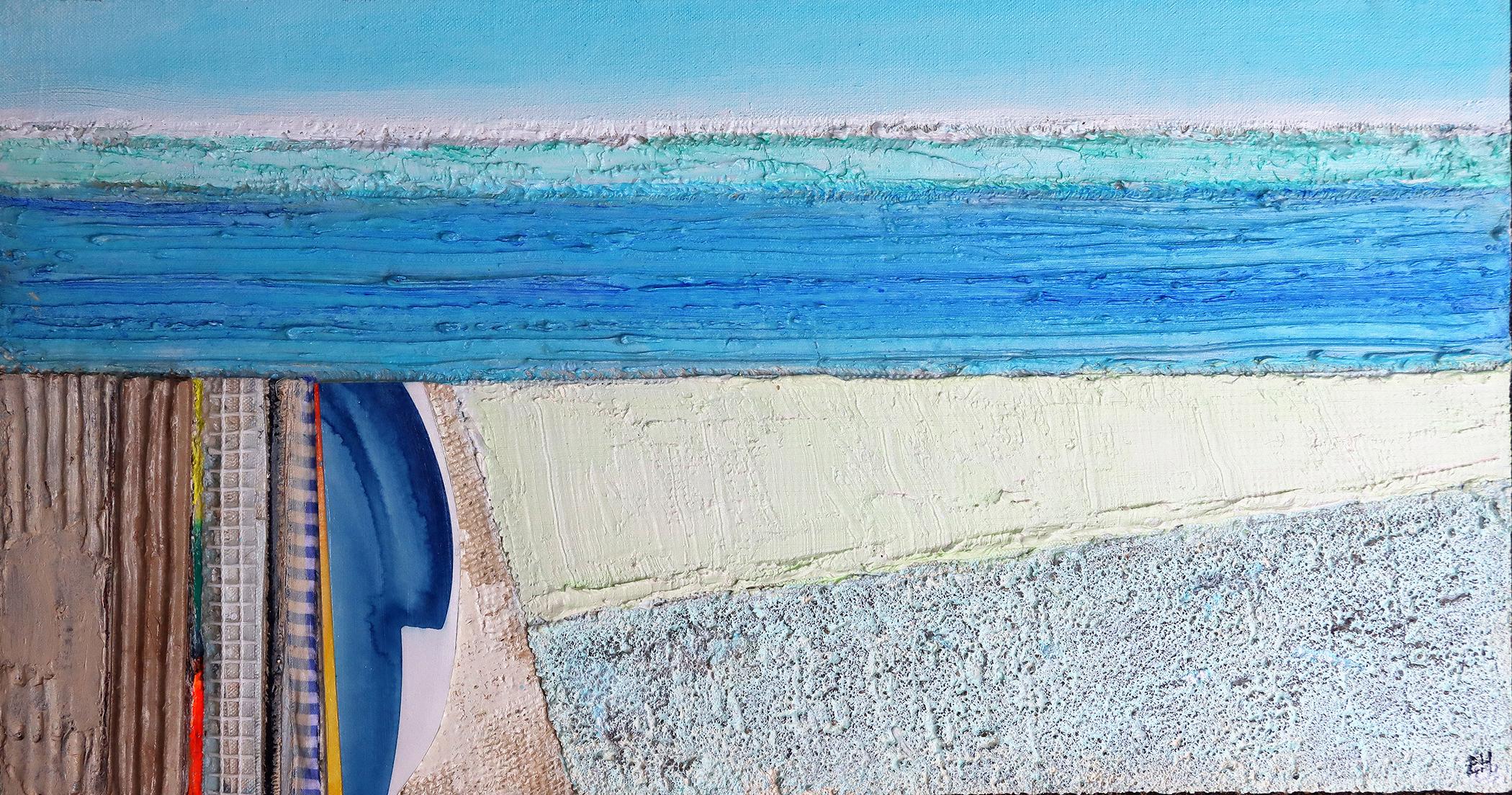 Available at Madelyn Jordon Fine Art. 'Connecticut River' by Eugene Healy, 2025. Oil and mixed media on canvas, 10.25 x 20 in. This landscape painting features an abstracted seascape with land, sea, and sky and the artist incorporates sections of